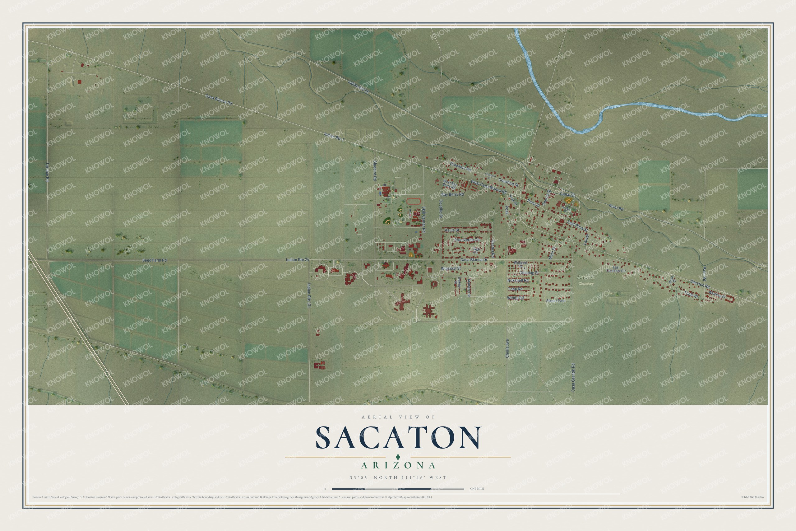 Full map of Sacaton, Arizona, with red buildings, printed street names and the land around them