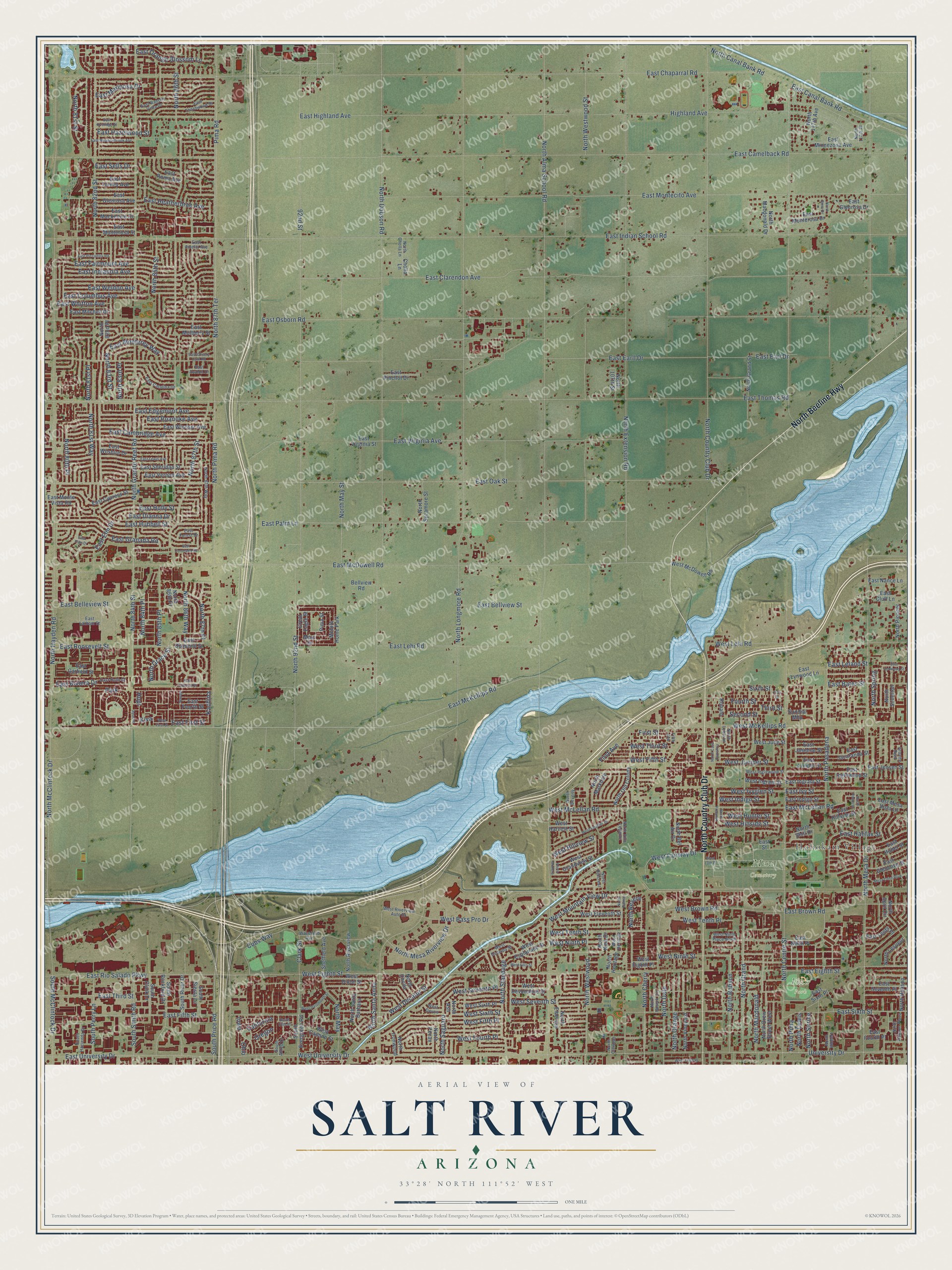 Full map of Salt River, Arizona, with red buildings, printed street names and the land around them