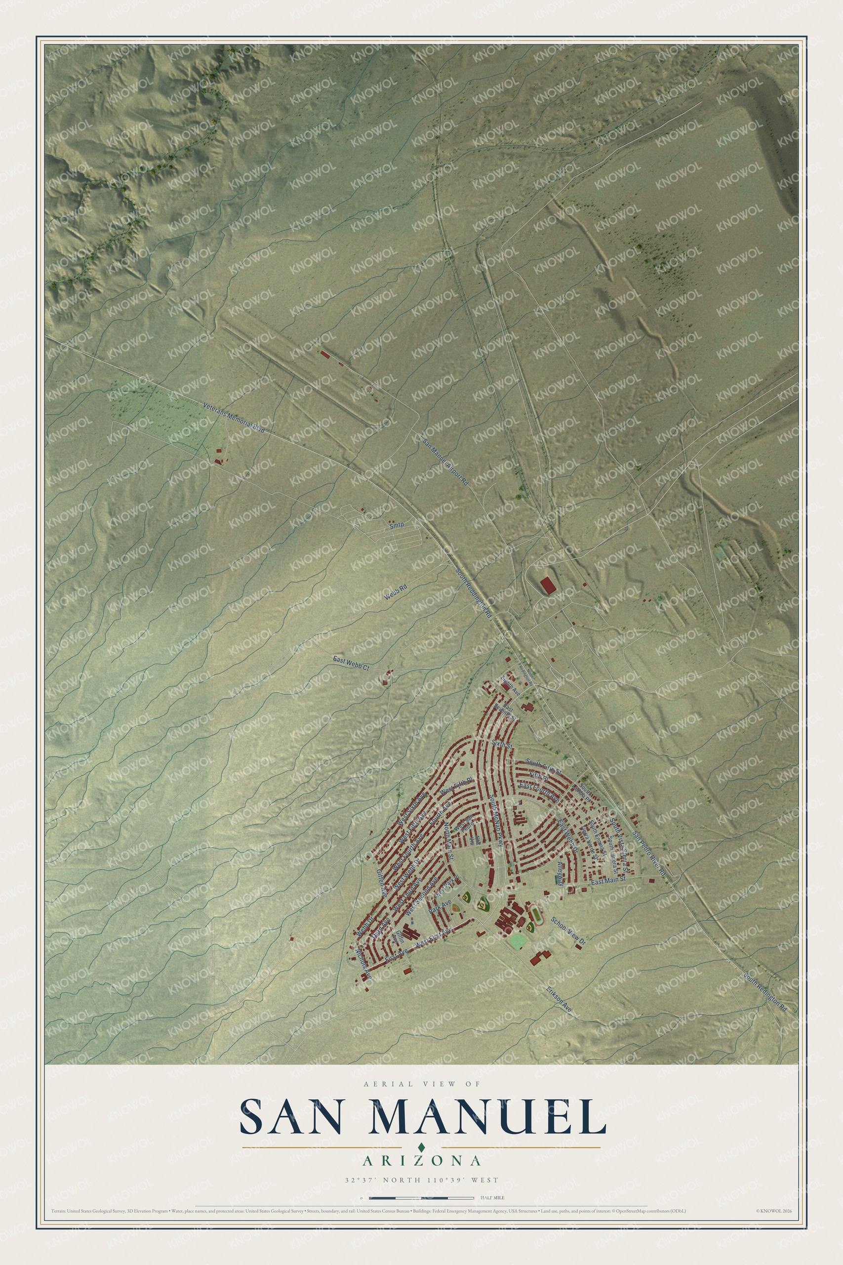 Full map of San Manuel, Arizona, with red buildings, printed street names and the land around them