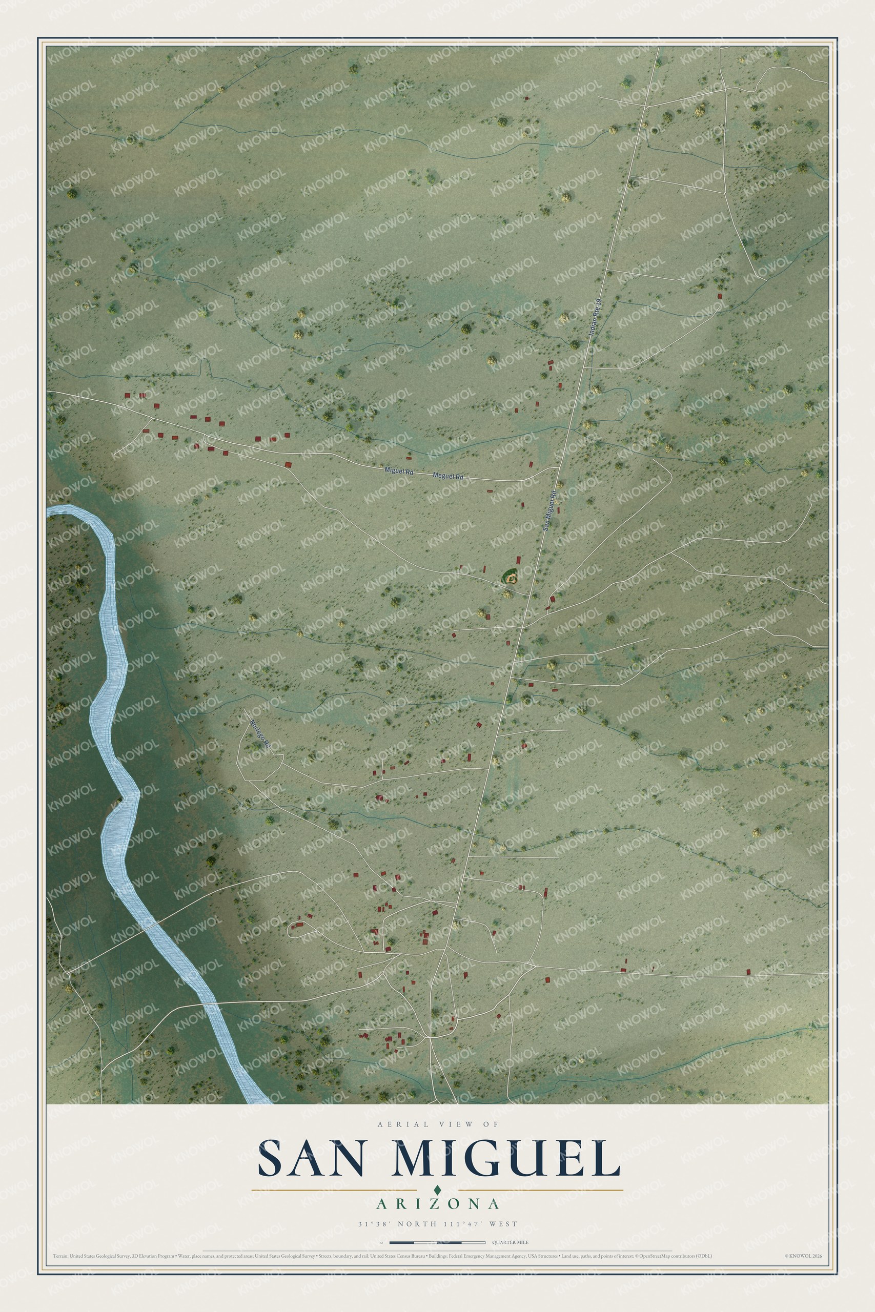 Full map of San Miguel, Arizona, with red buildings, printed street names and the land around them