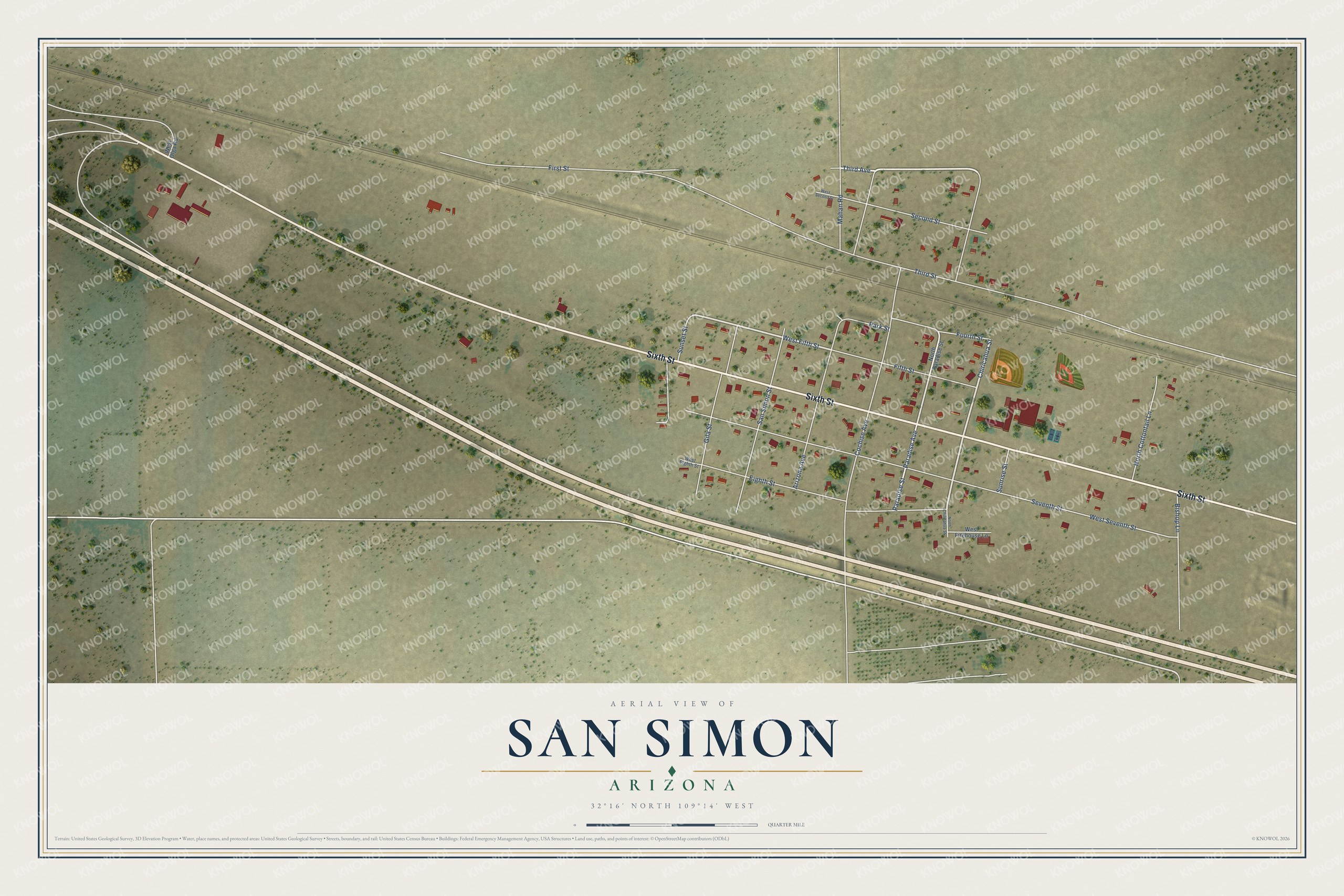 Full map of San Simon, Arizona, with red buildings, printed street names and the land around them