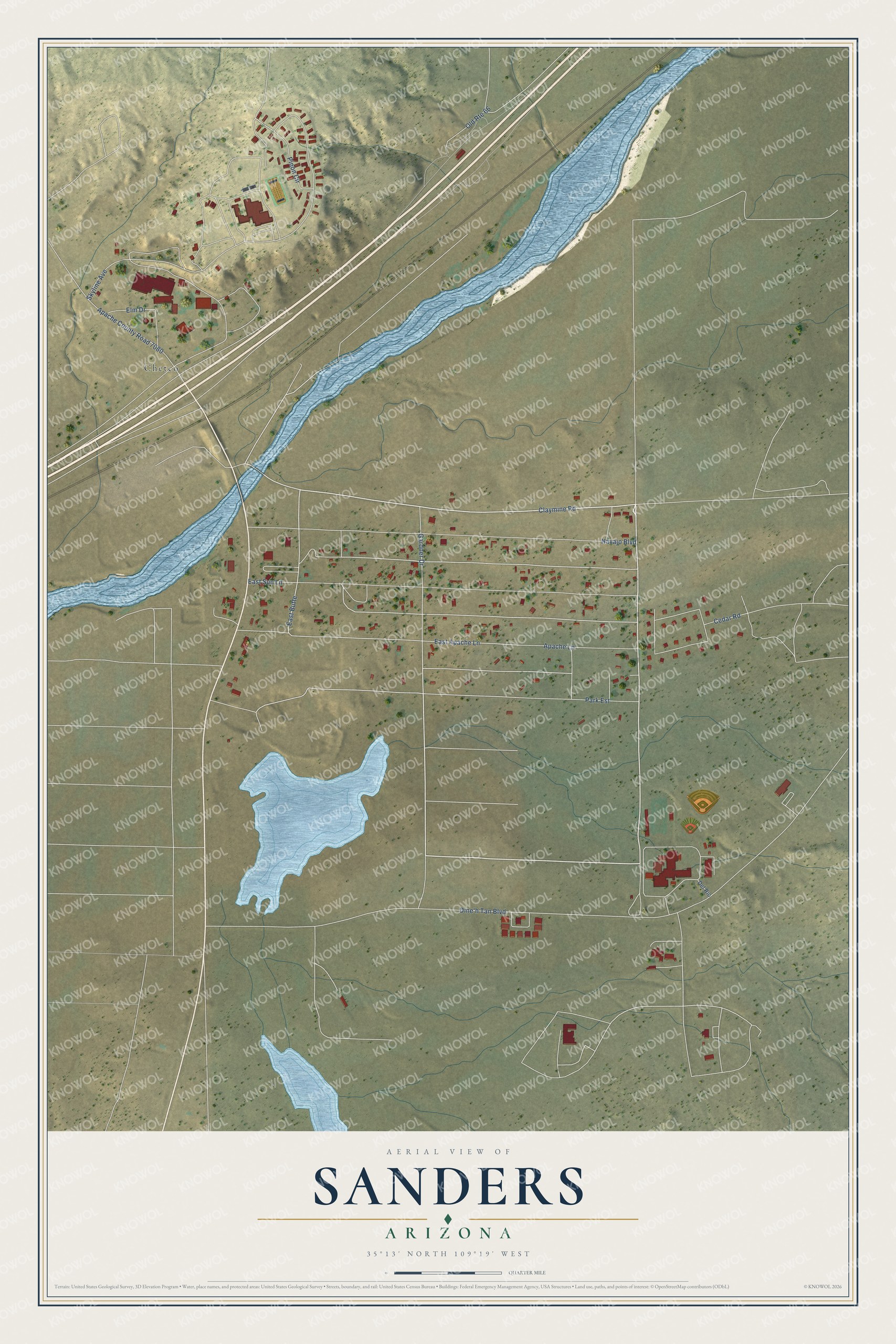 Full map of Sanders, Arizona, with red buildings, printed street names and the land around them