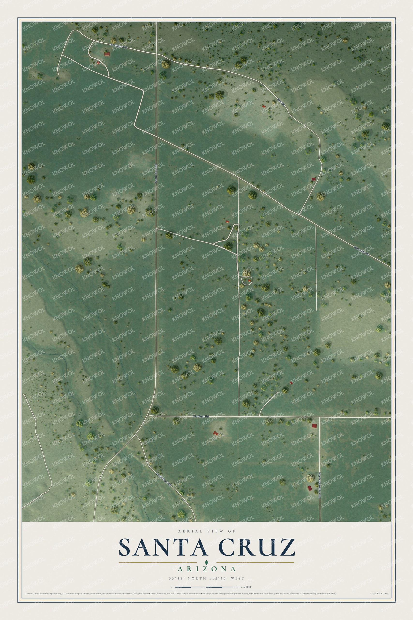 Full map of Santa Cruz, Arizona, with red buildings, printed street names and the land around them