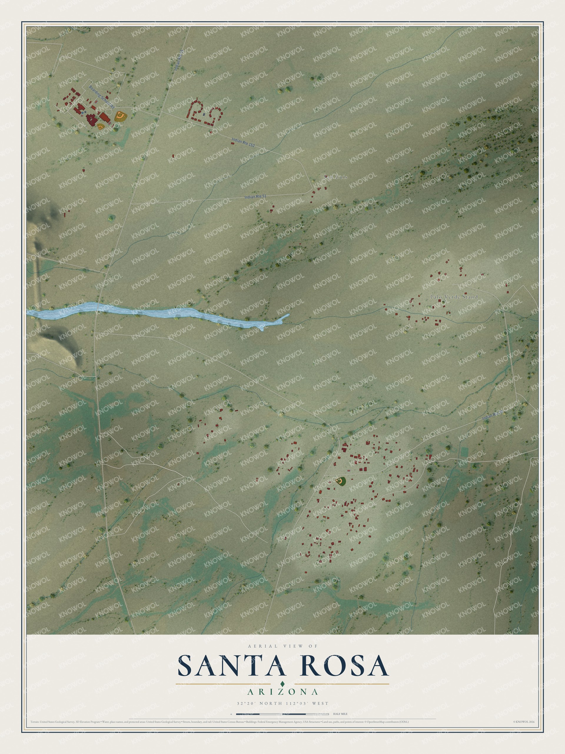 Full map of Santa Rosa, Arizona, with red buildings, printed street names and the land around them