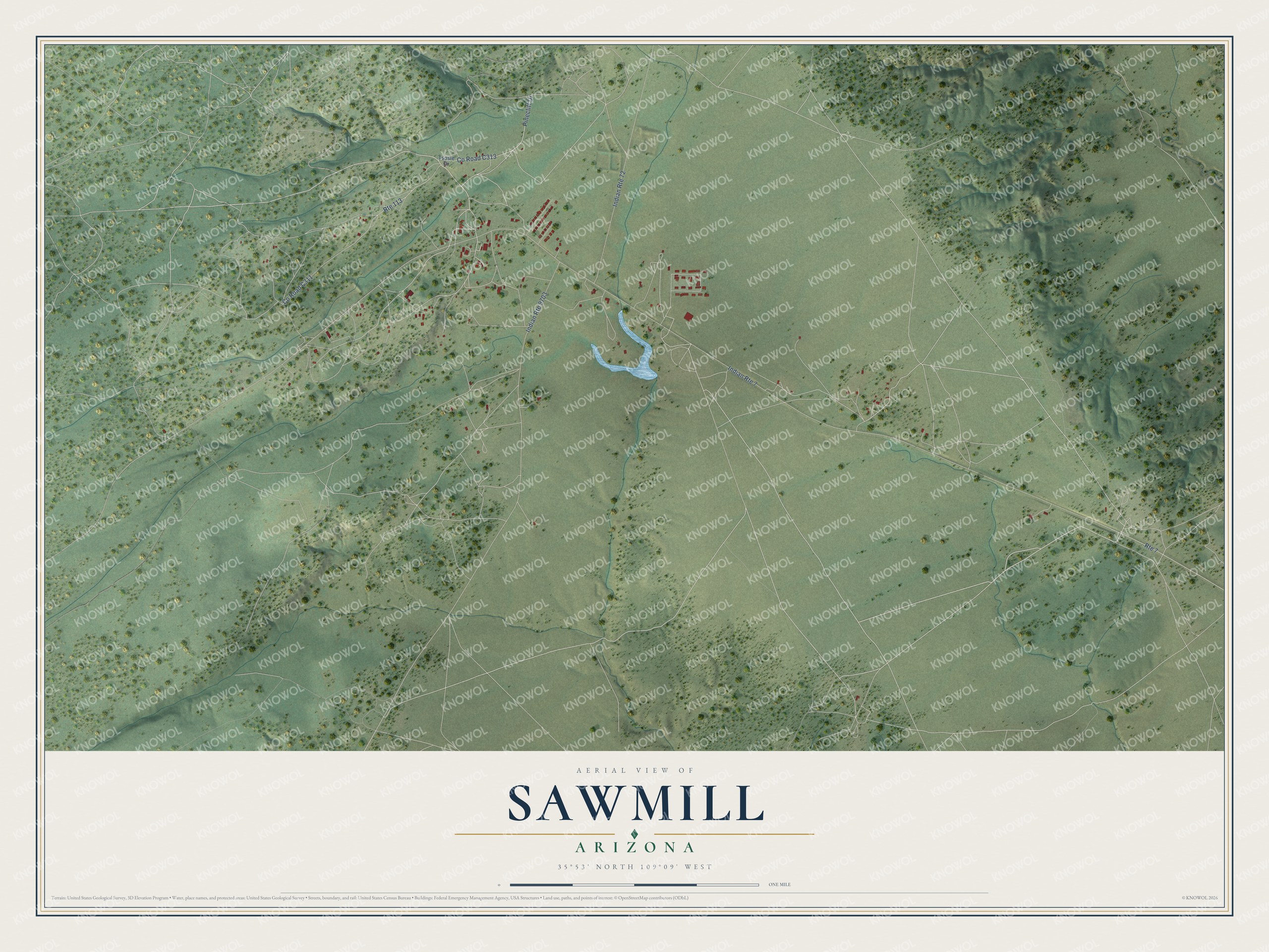 Full map of Sawmill, Arizona, with red buildings, printed street names and the land around them