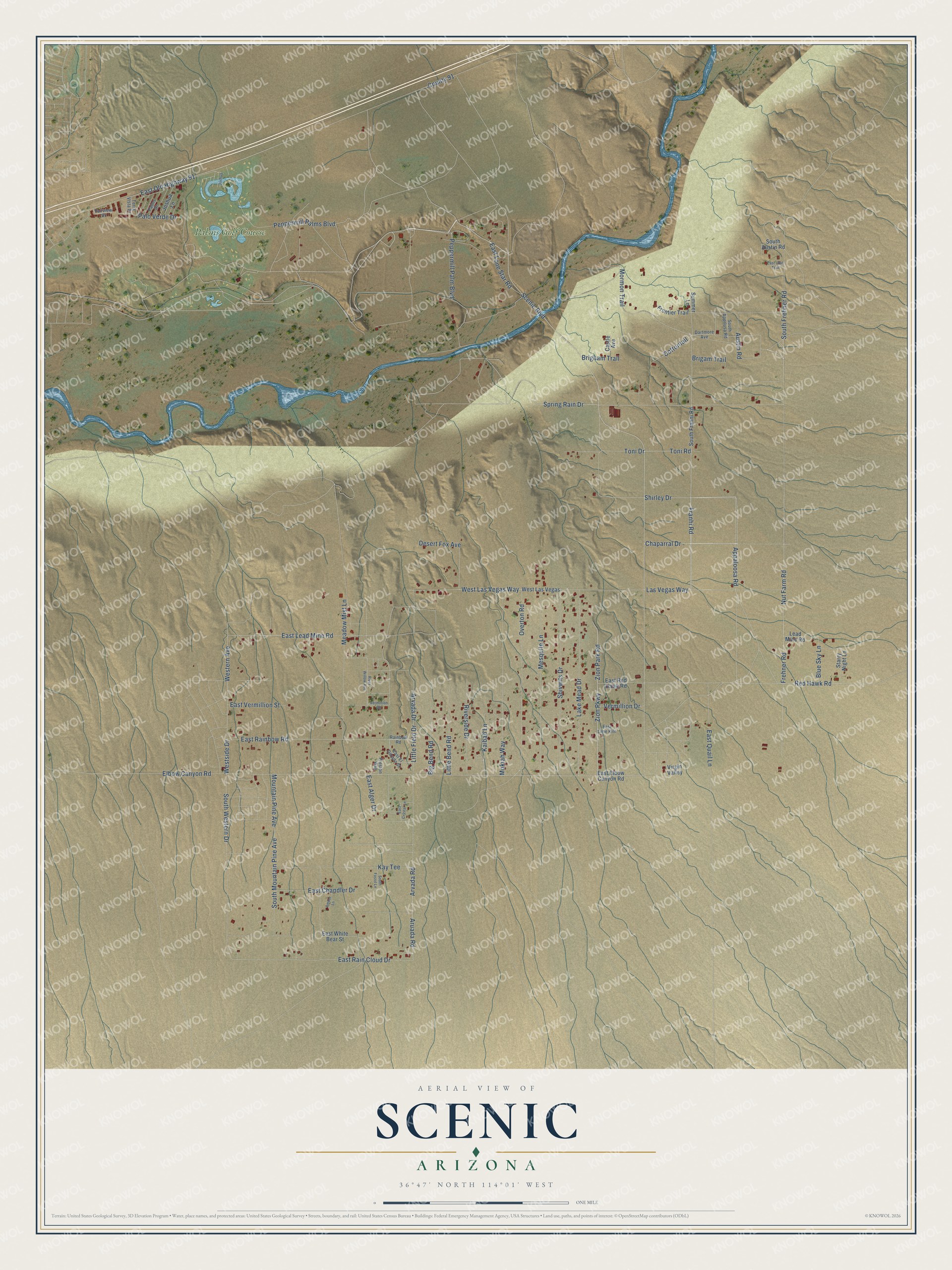 Full map of Scenic, Arizona, with red buildings, printed street names and the land around them