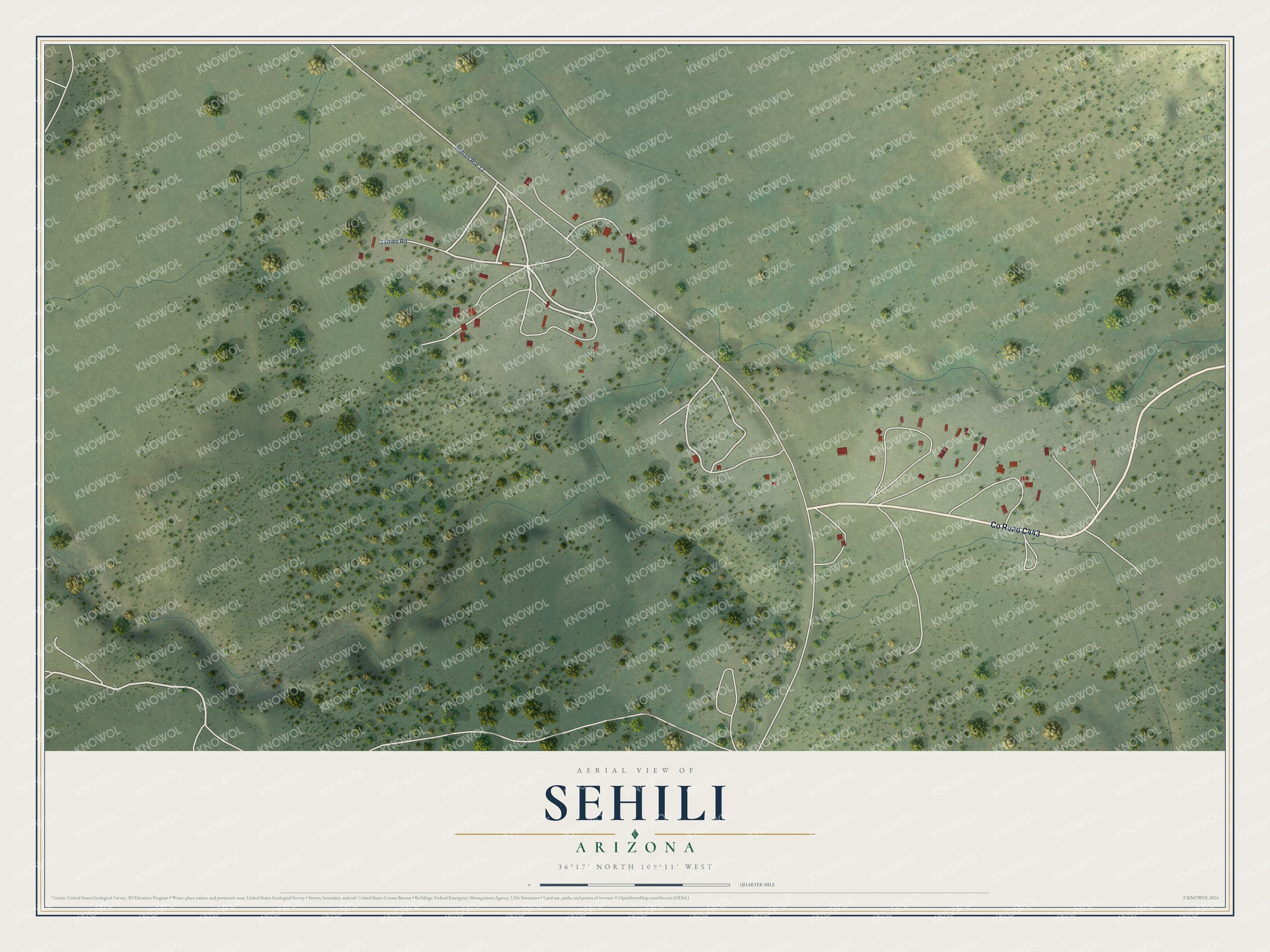 Full map of Sehili, Arizona, with red buildings, printed street names and the land around them