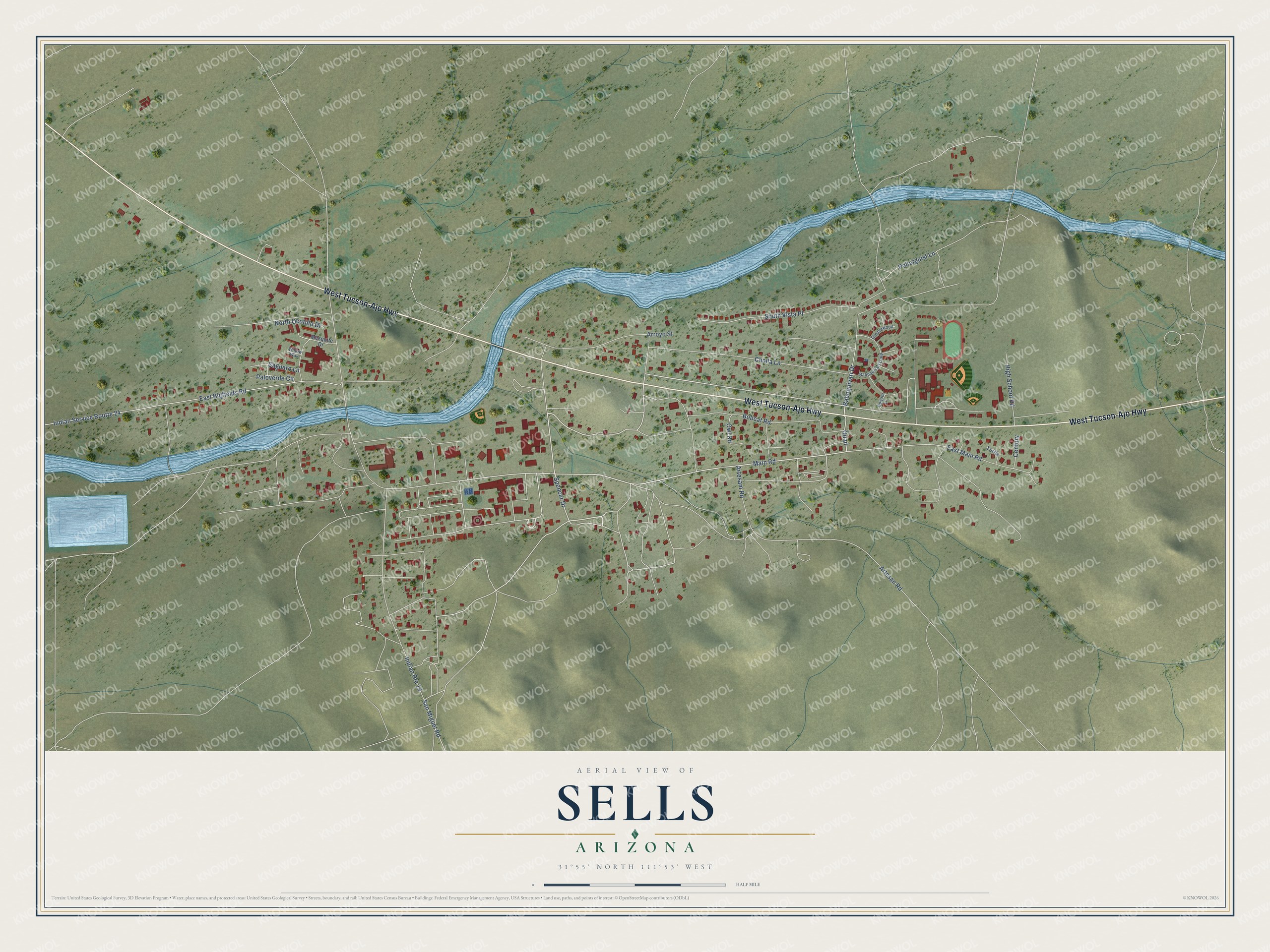 Full map of Sells, Arizona, with red buildings, printed street names and the land around them