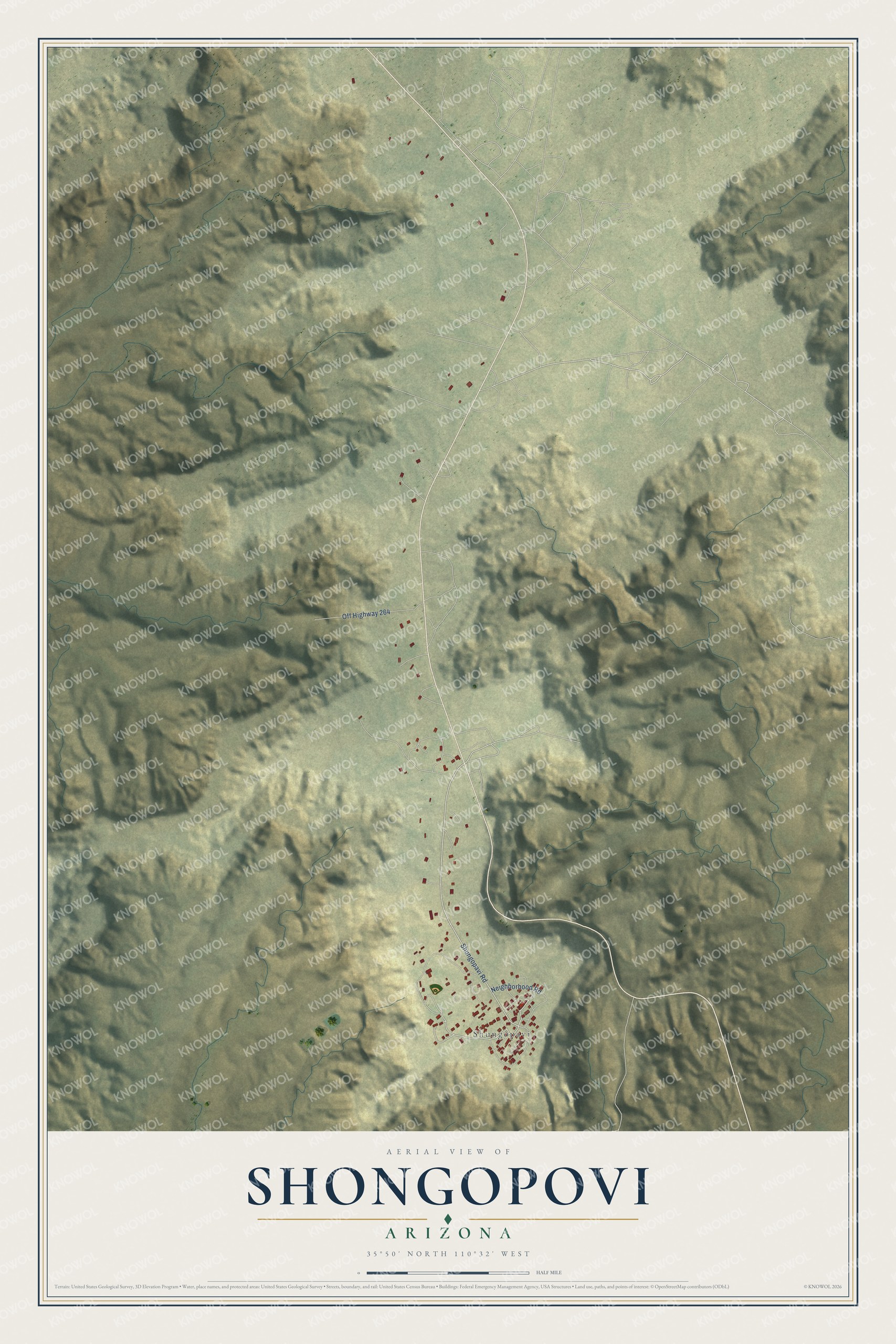 Full map of Shongopovi, Arizona, with red buildings, printed street names and the land around them