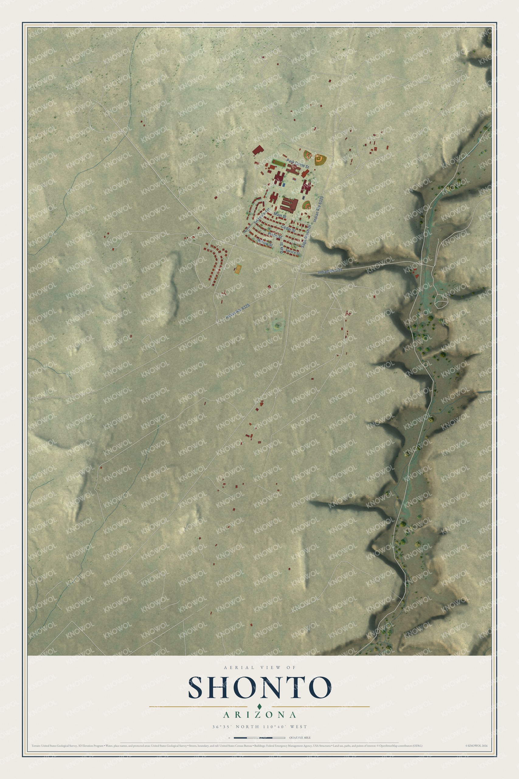 Full map of Shonto, Arizona, with red buildings, printed street names and the land around them