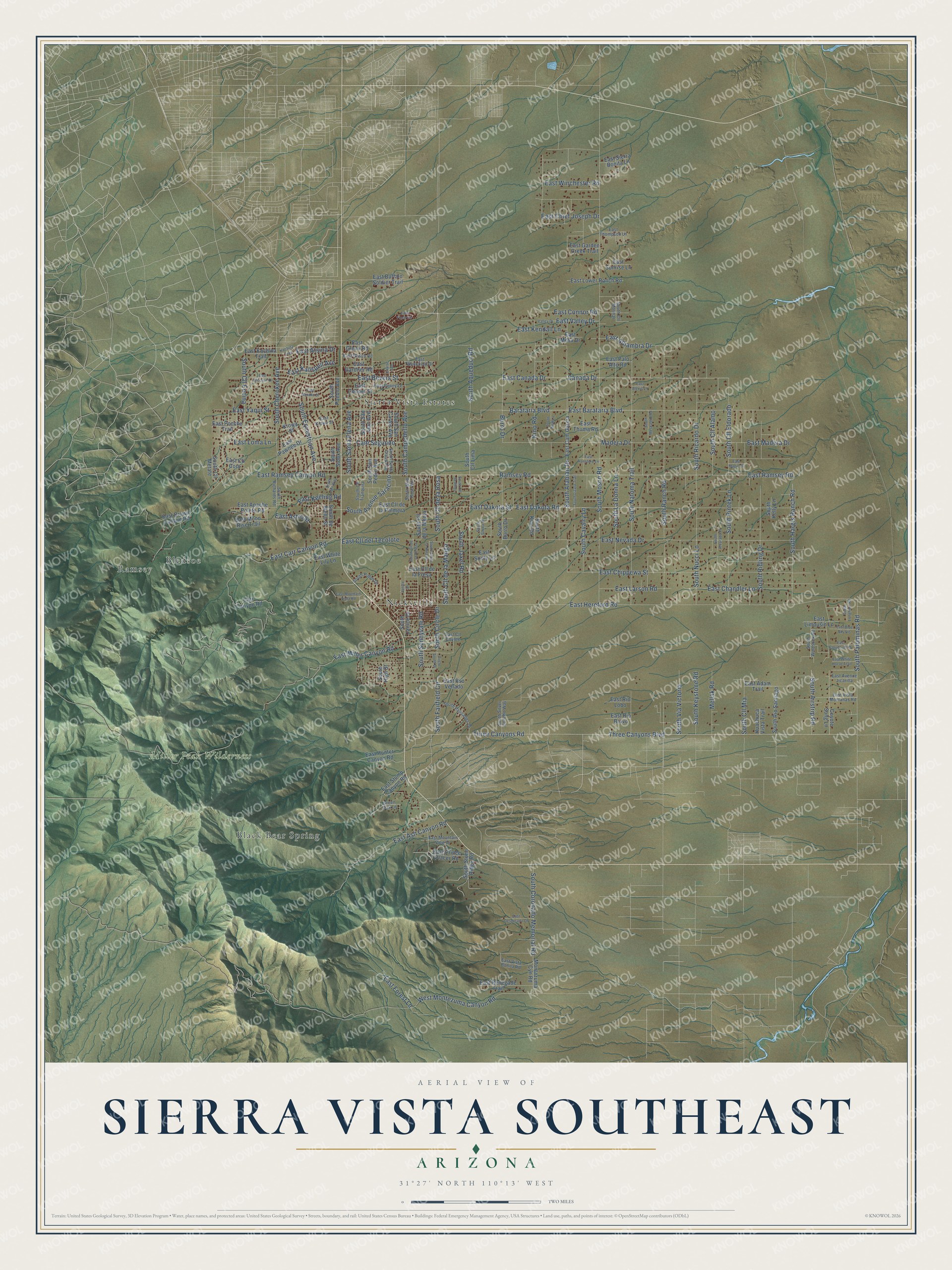 Full map of Sierra Vista Southeast, Arizona, with red buildings, printed street names and the land around them