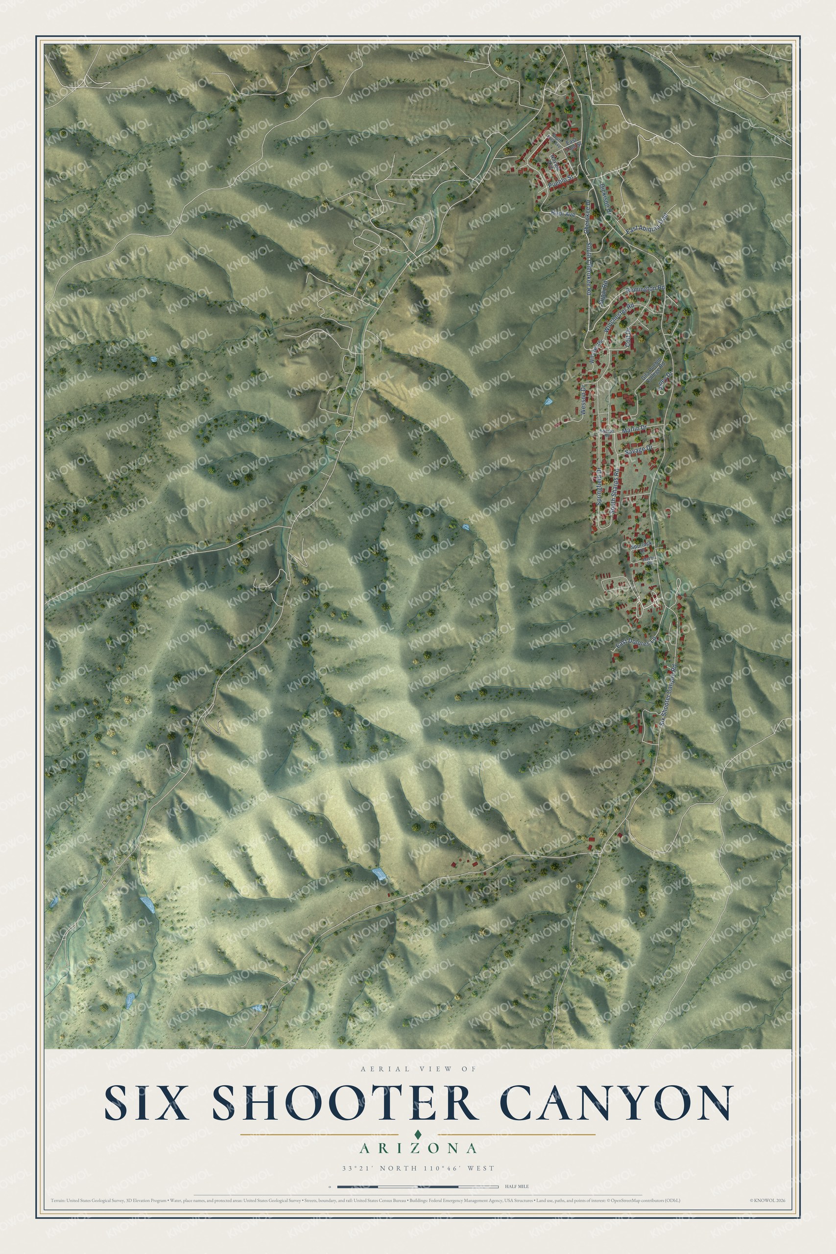 Full map of Six Shooter Canyon, Arizona, with red buildings, printed street names and the land around them