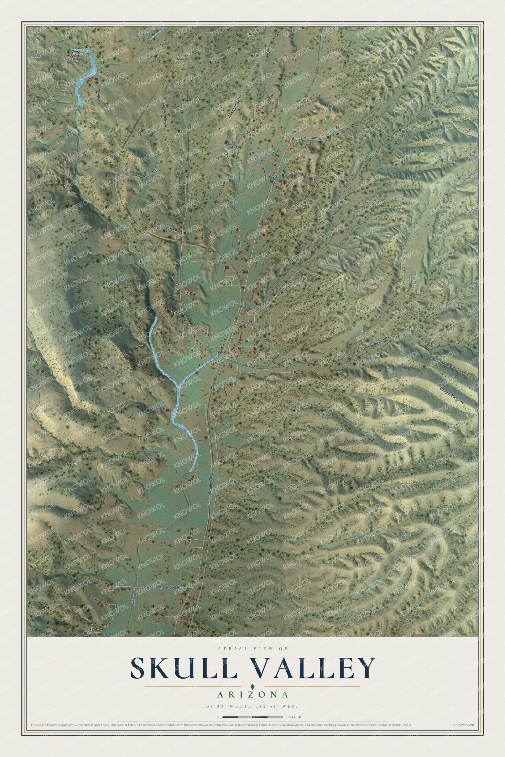 Full map of Skull Valley, Arizona, with red buildings, printed street names and the land around them