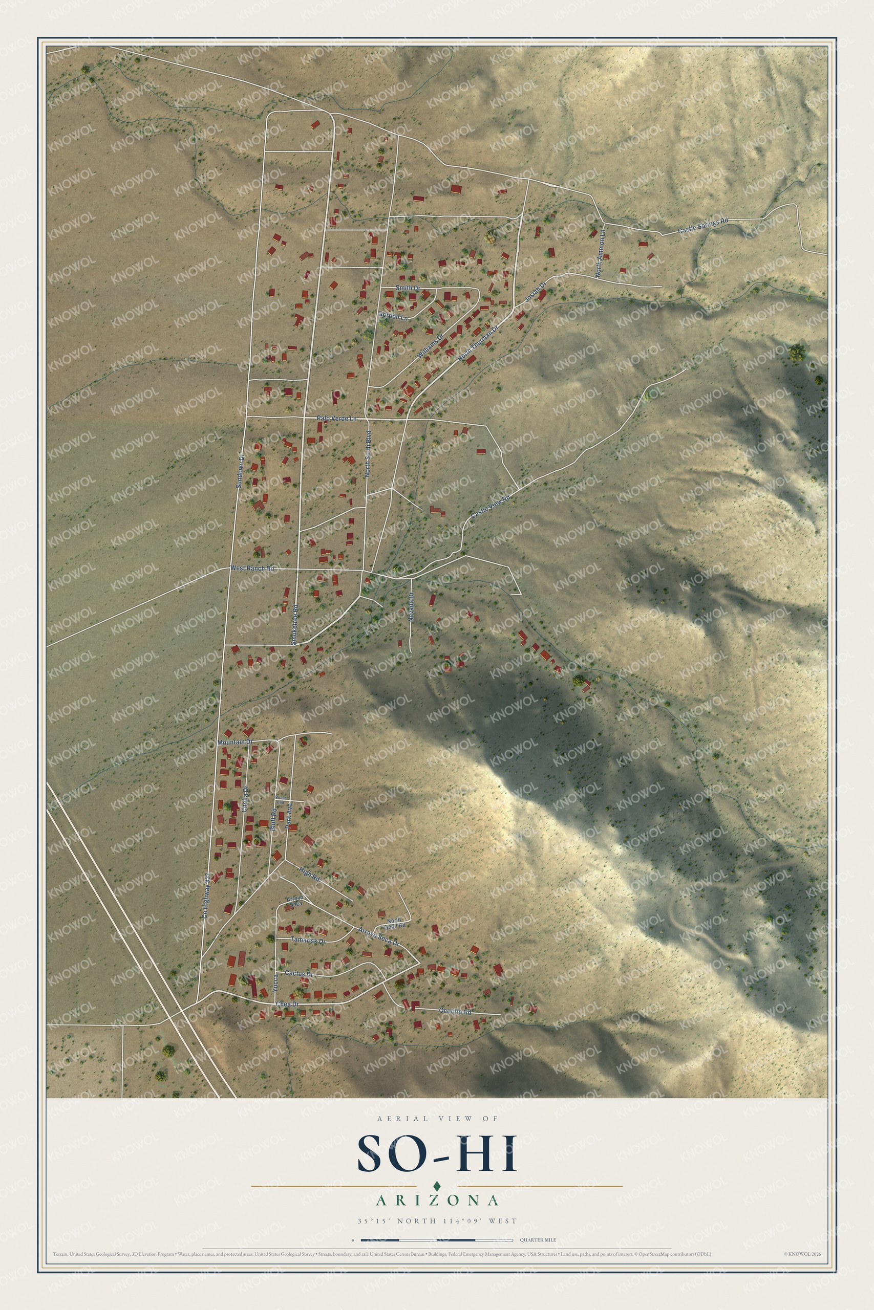 Full map of So-Hi, Arizona, with red buildings, printed street names and the land around them
