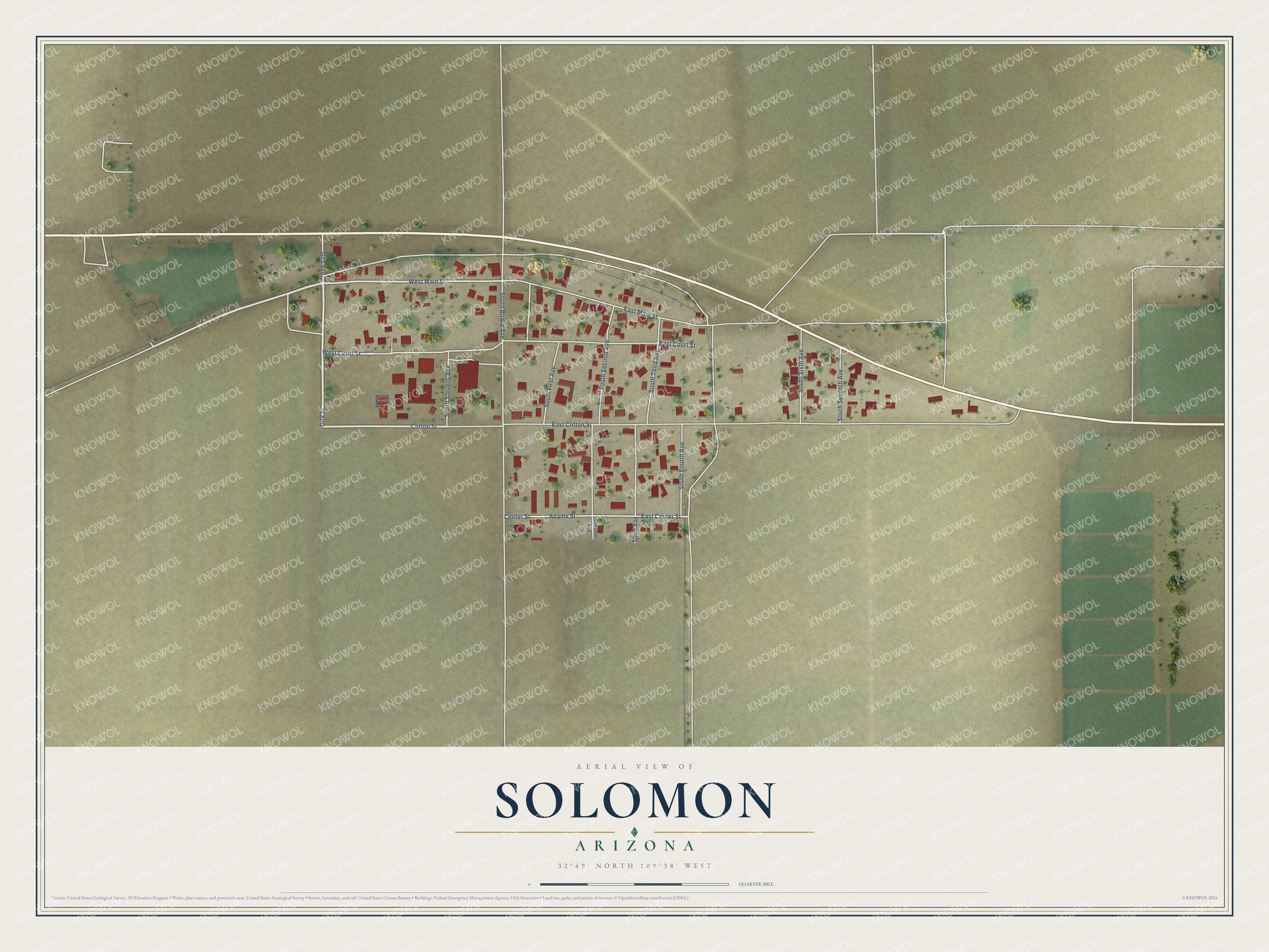 Full map of Solomon, Arizona, with red buildings, printed street names and the land around them
