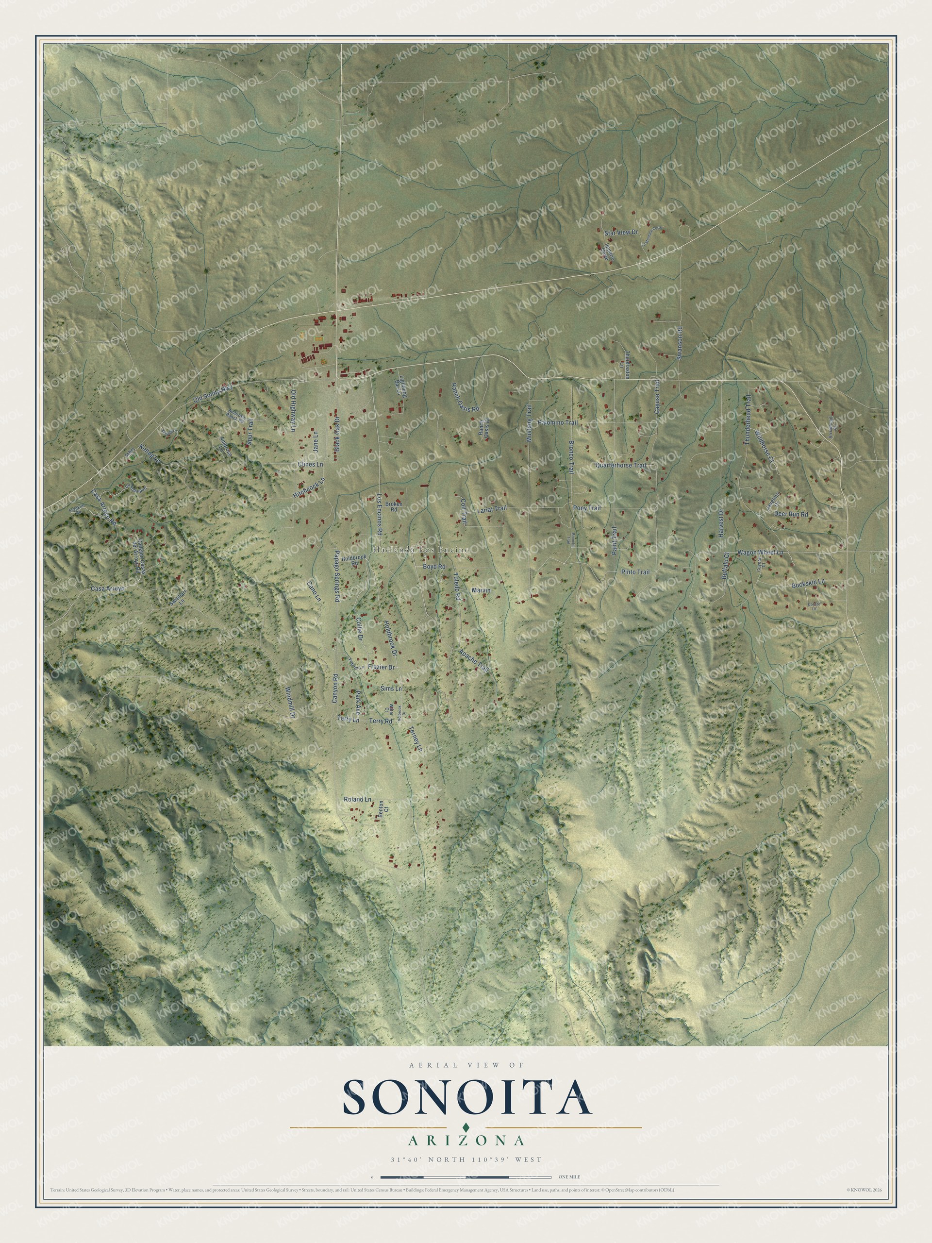 Full map of Sonoita, Arizona, with red buildings, printed street names and the land around them