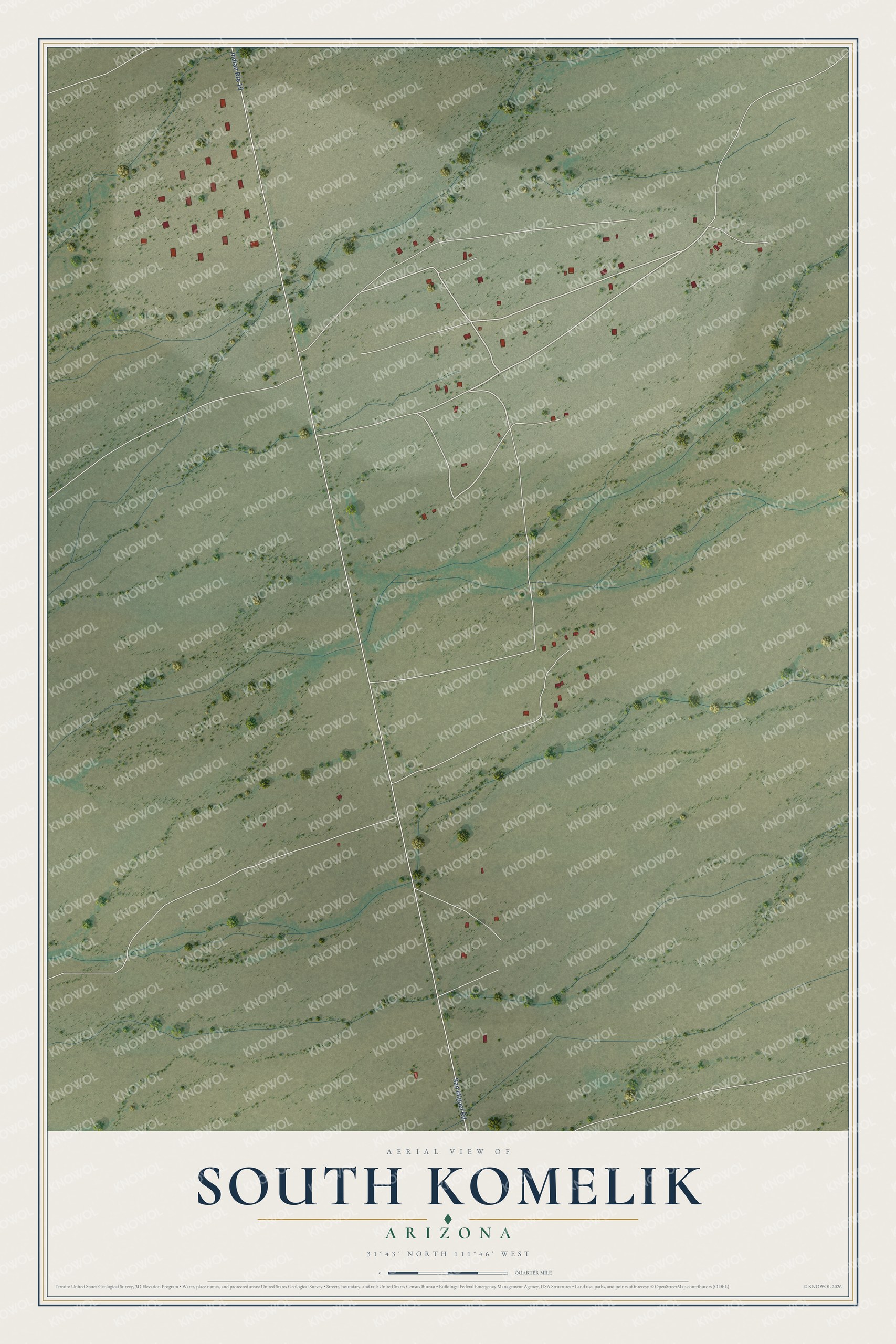 Full map of South Komelik, Arizona, with red buildings, printed street names and the land around them