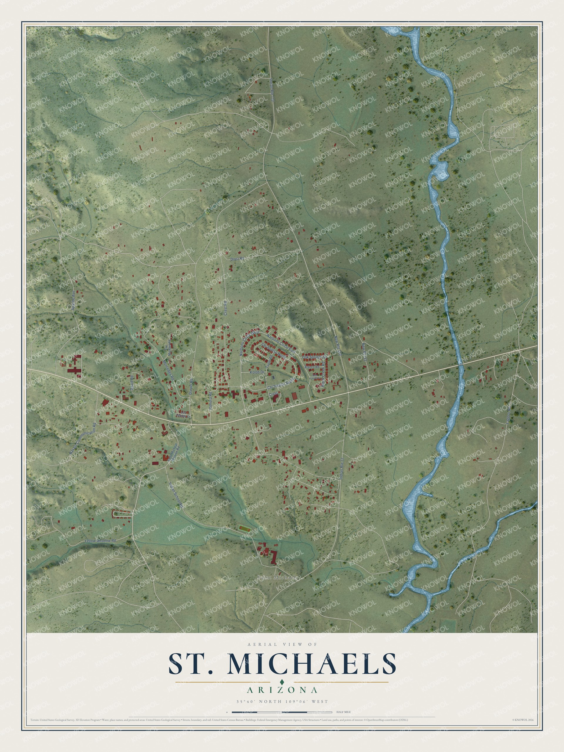 Full map of St. Michaels, Arizona, with red buildings, printed street names and the land around them