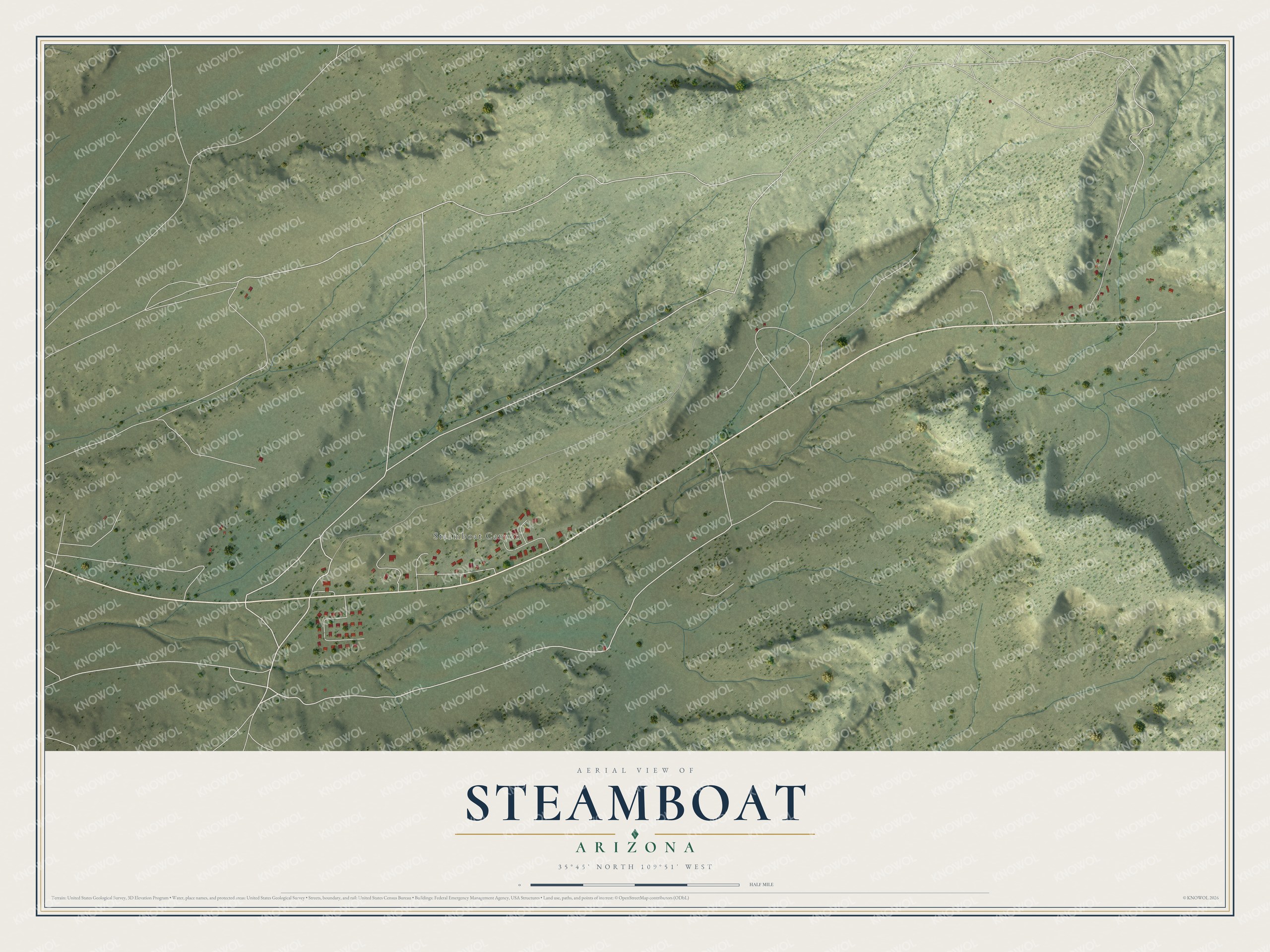 Full map of Steamboat, Arizona, with red buildings, printed street names and the land around them