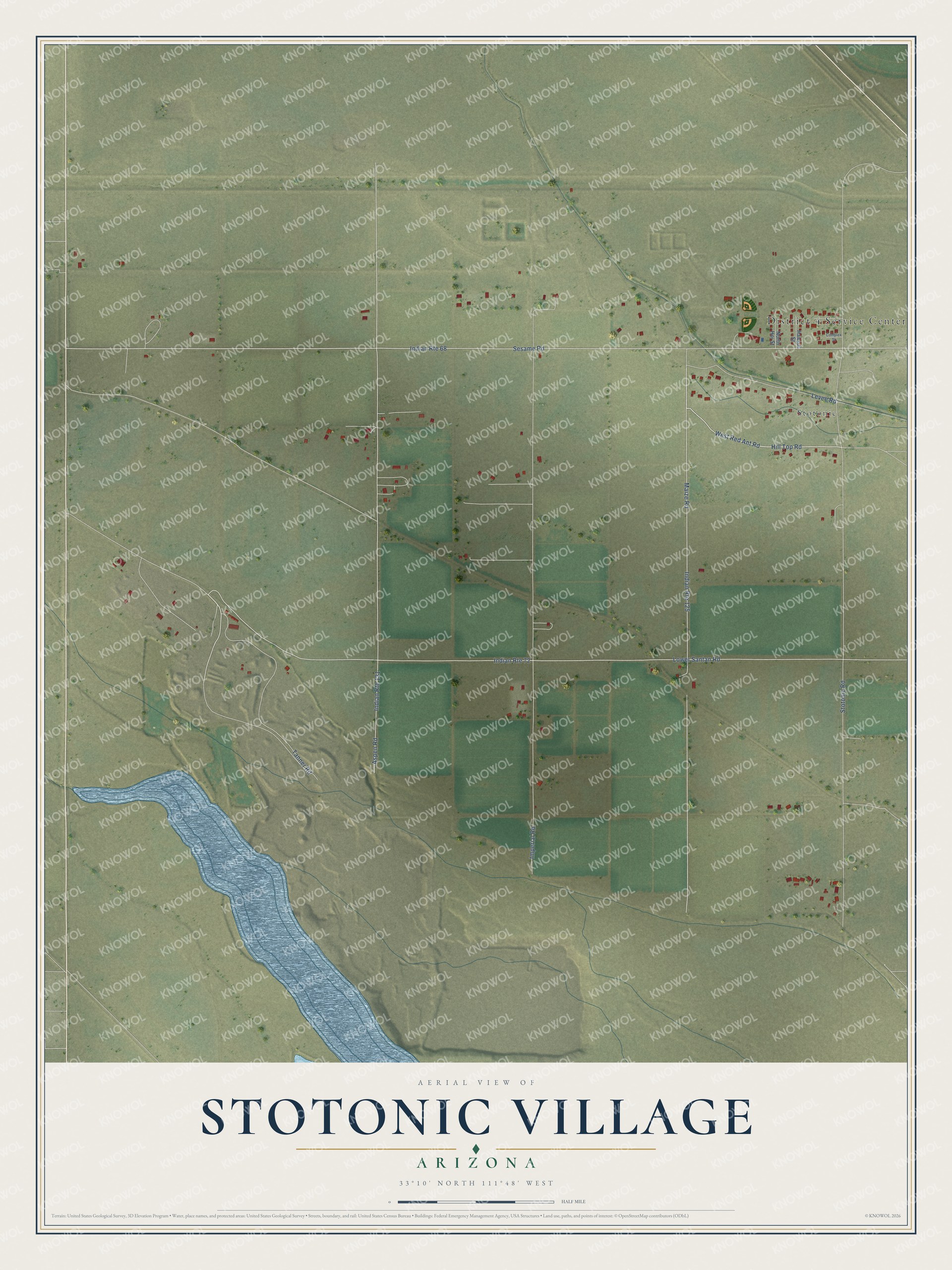 Full map of Stotonic Village, Arizona, with red buildings, printed street names and the land around them