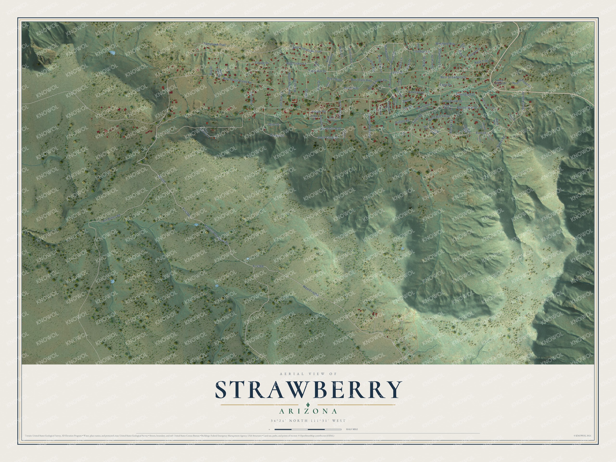 Full map of Strawberry, Arizona, with red buildings, printed street names and the land around them