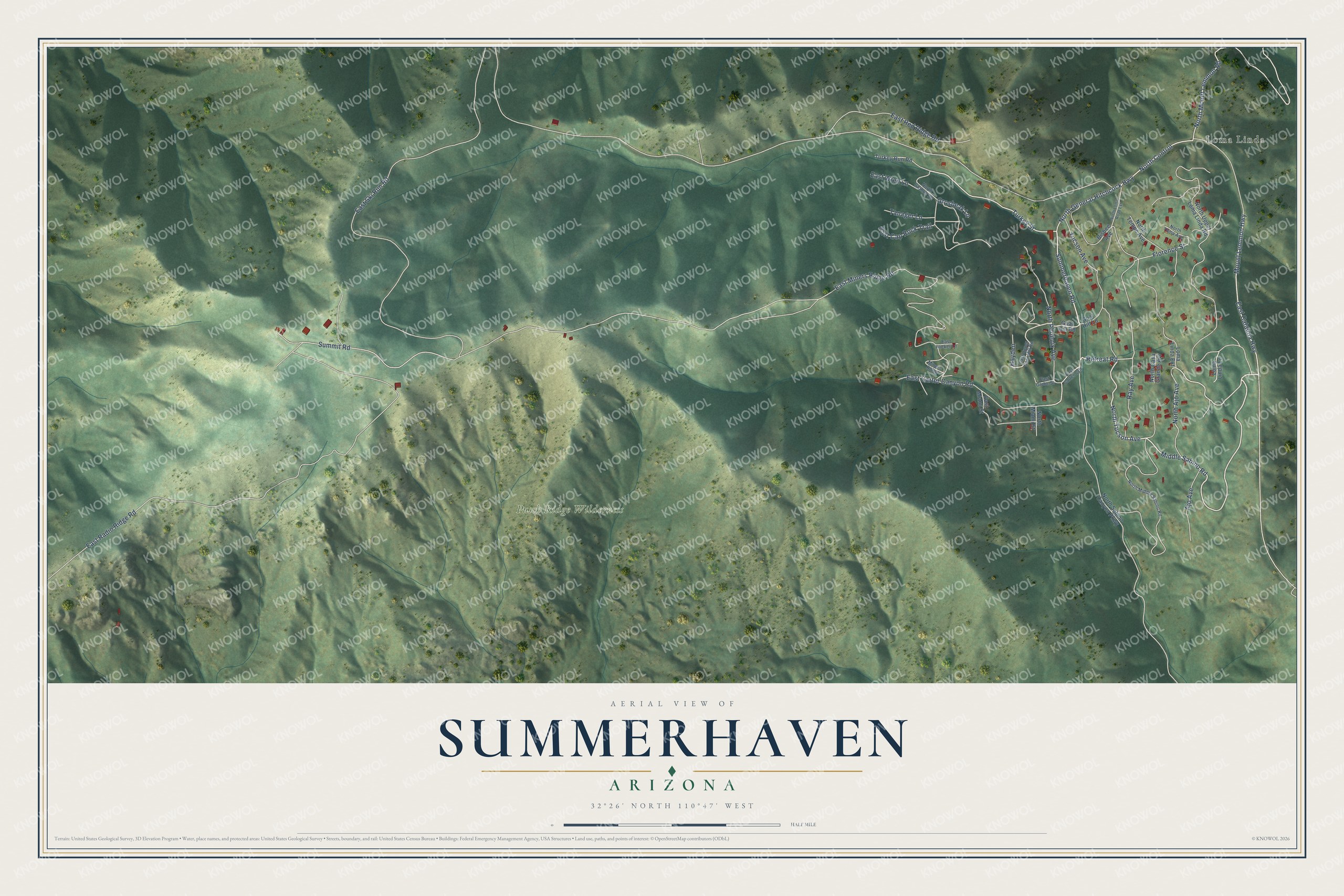 Full map of Summerhaven, Arizona, with red buildings, printed street names and the land around them