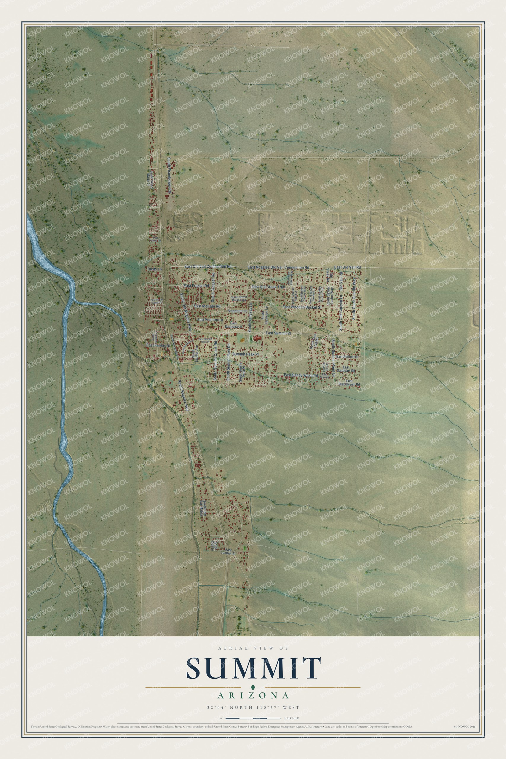 Full map of Summit, Arizona, with red buildings, printed street names and the land around them