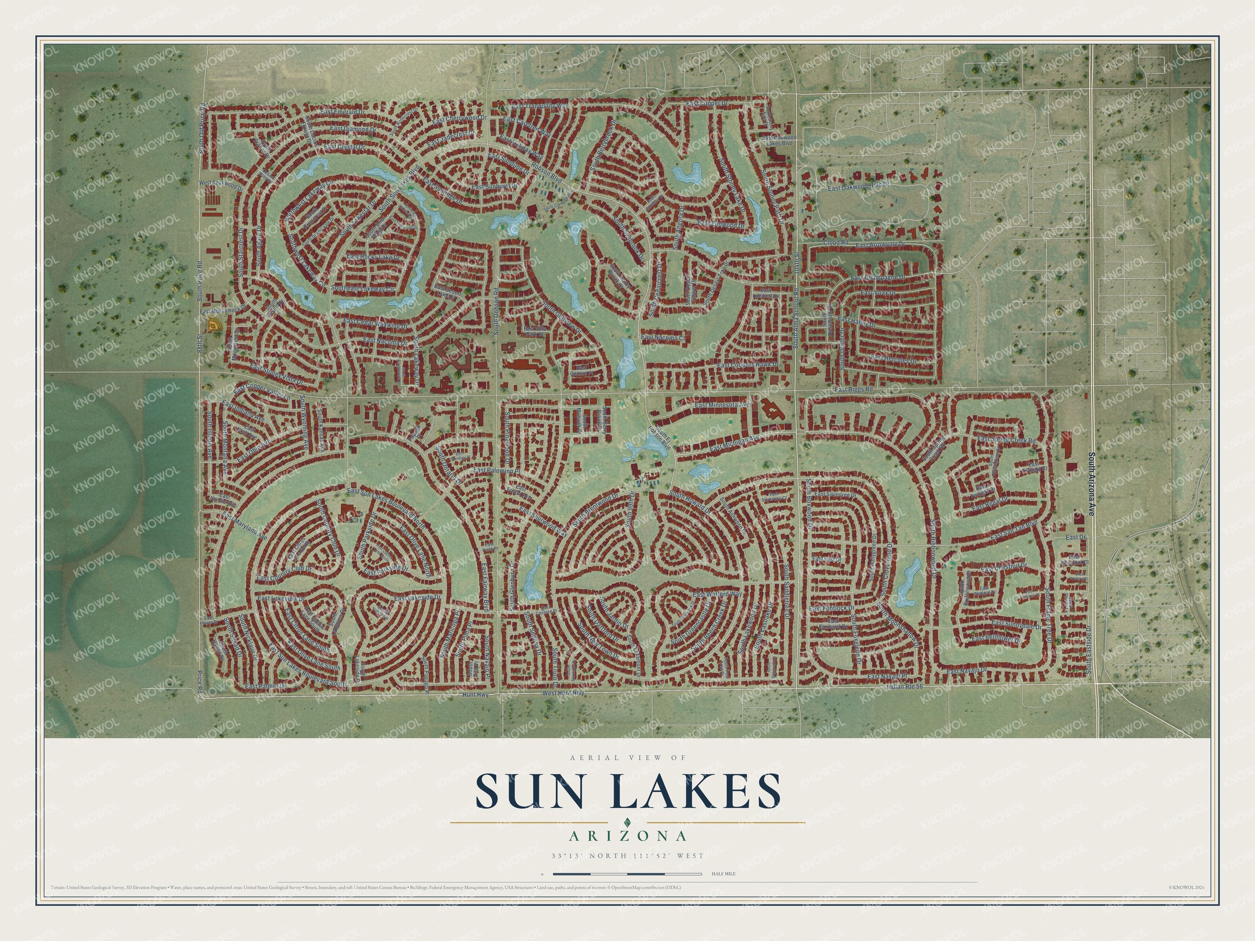 Full map of Sun Lakes, Arizona, with red buildings, printed street names and the land around them