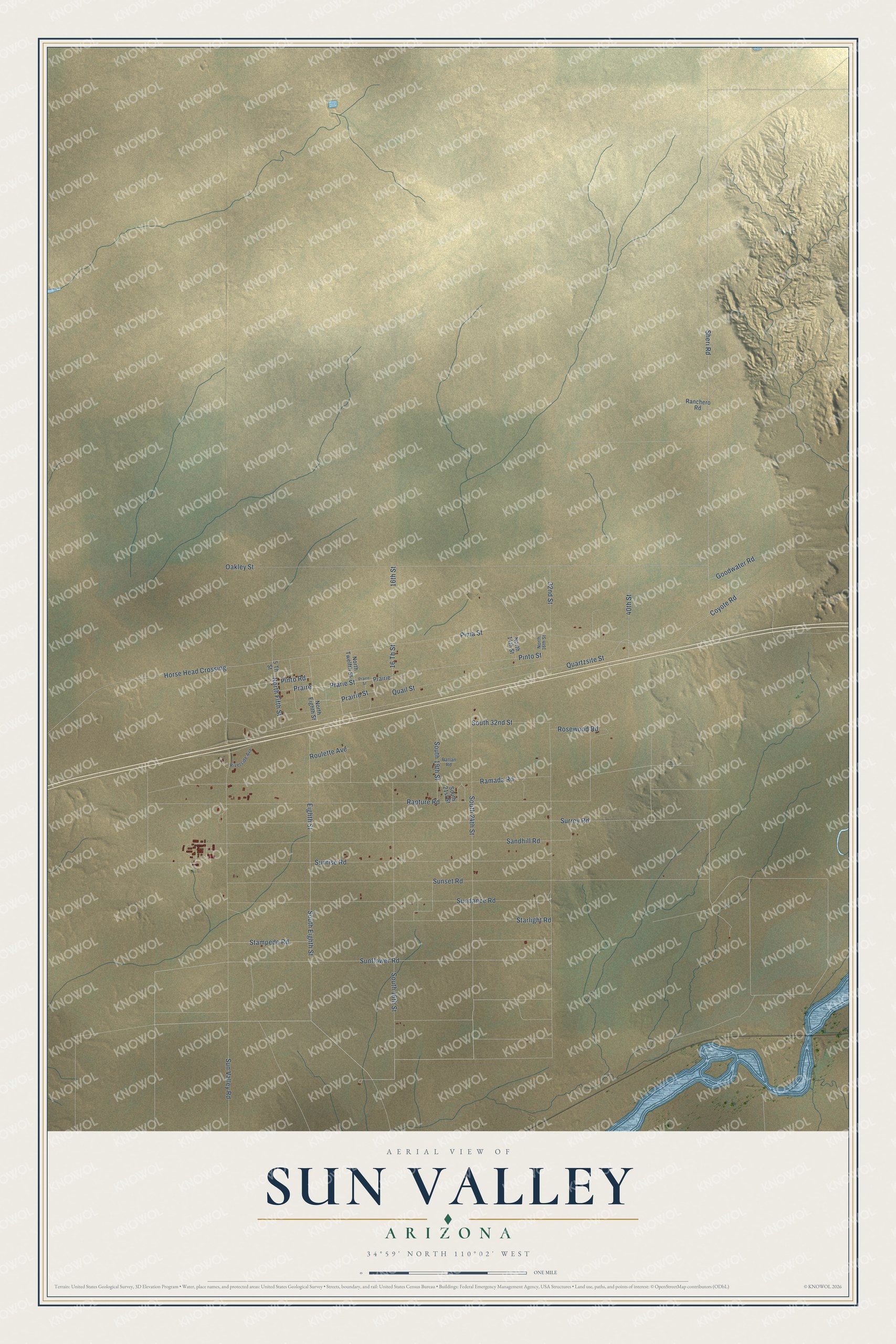 Full map of Sun Valley, Arizona, with red buildings, printed street names and the land around them