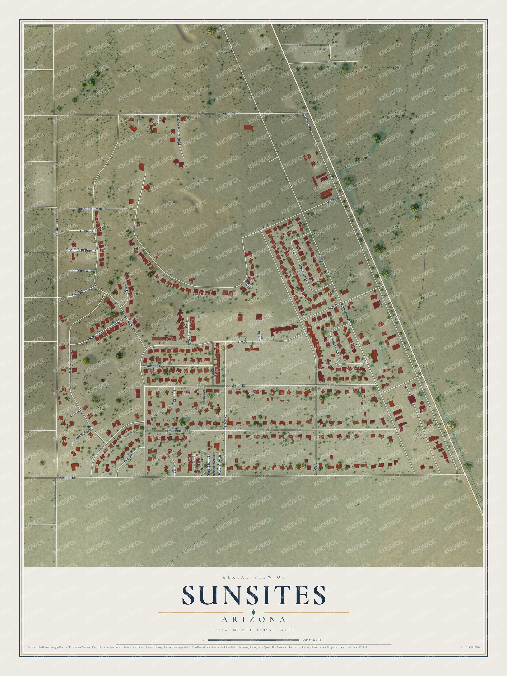 Full map of Sunsites, Arizona, with red buildings, printed street names and the land around them