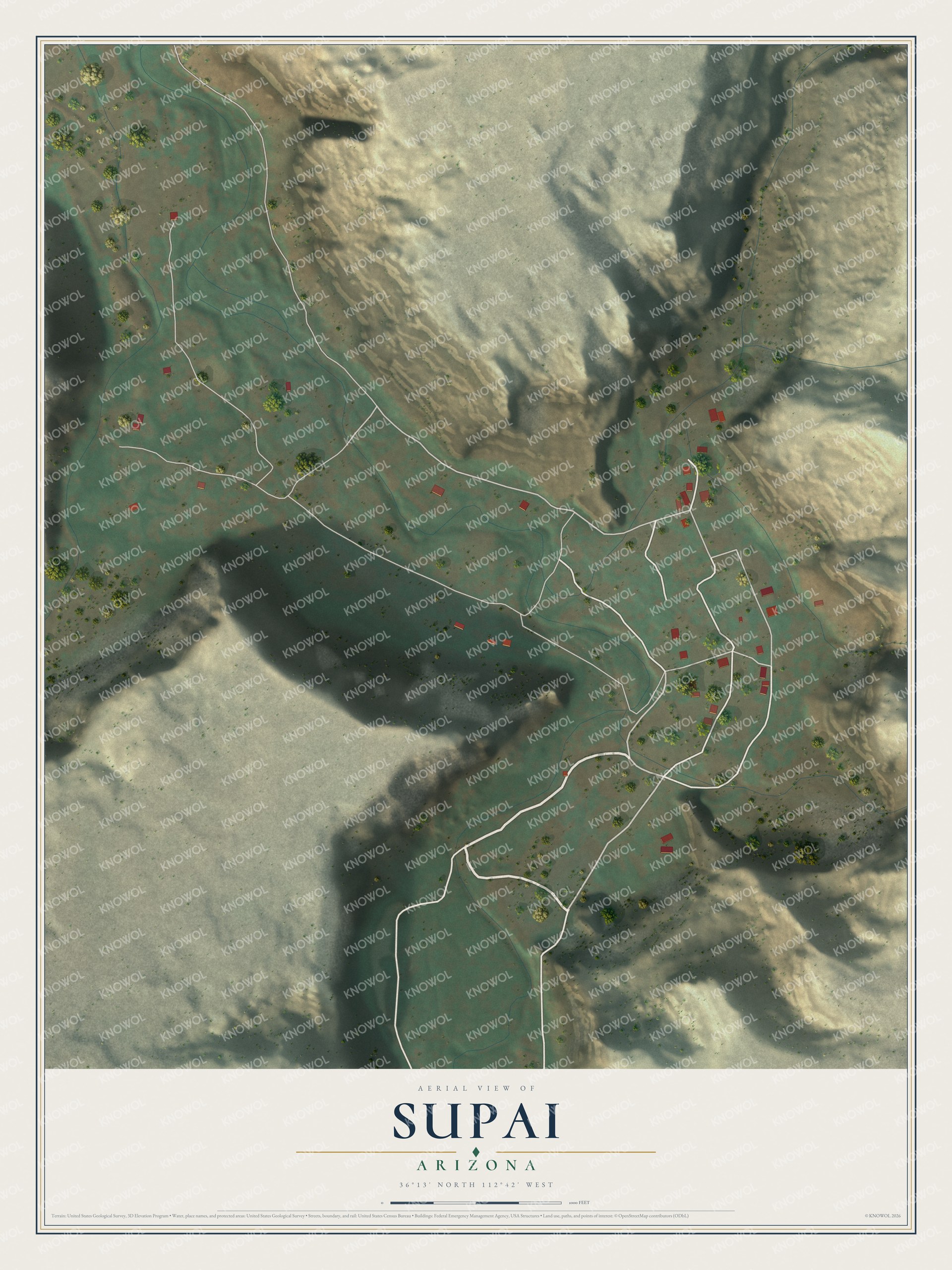 Full map of Supai, Arizona, with red buildings, printed street names and the land around them