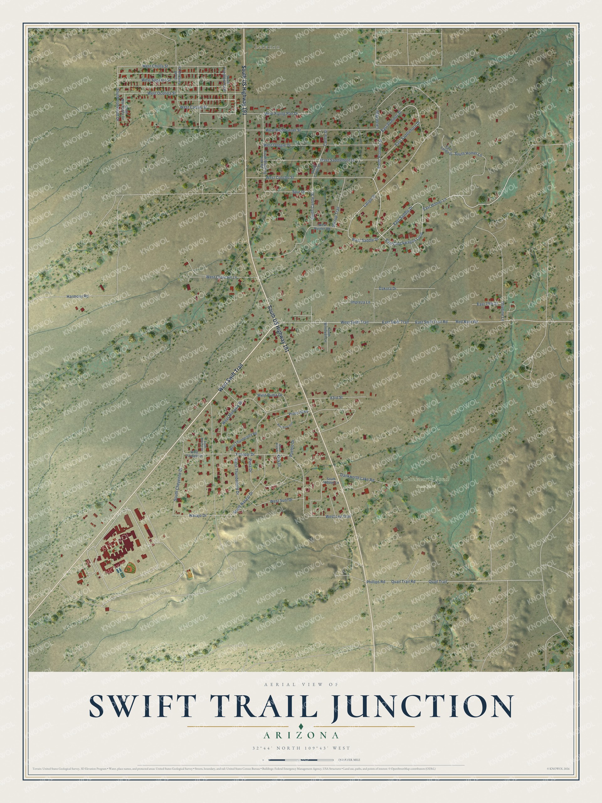 Full map of Swift Trail Junction, Arizona, with red buildings, printed street names and the land around them