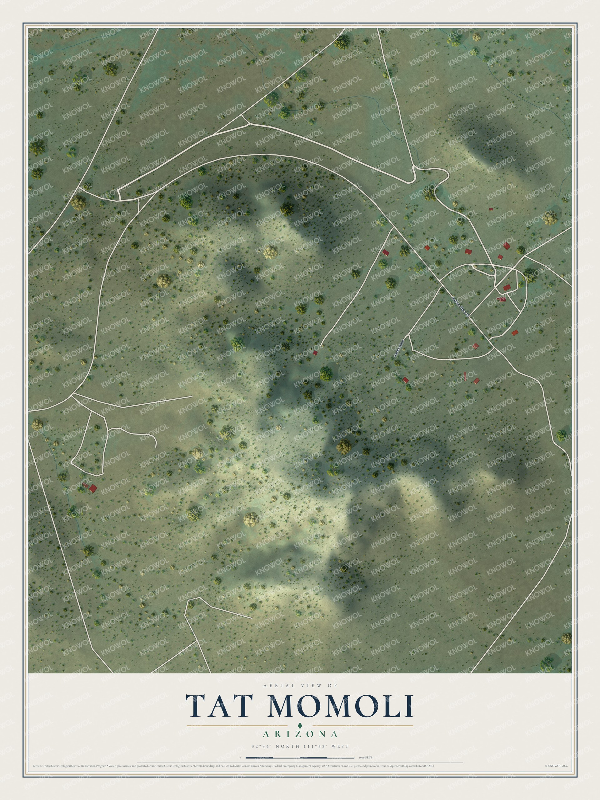 Full map of Tat Momoli, Arizona, with red buildings, printed street names and the land around them