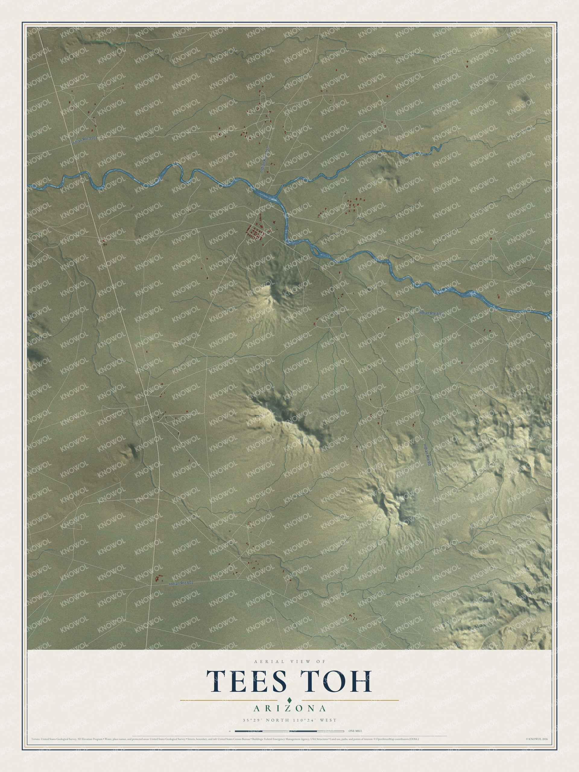 Full map of Tees Toh, Arizona, with red buildings, printed street names and the land around them