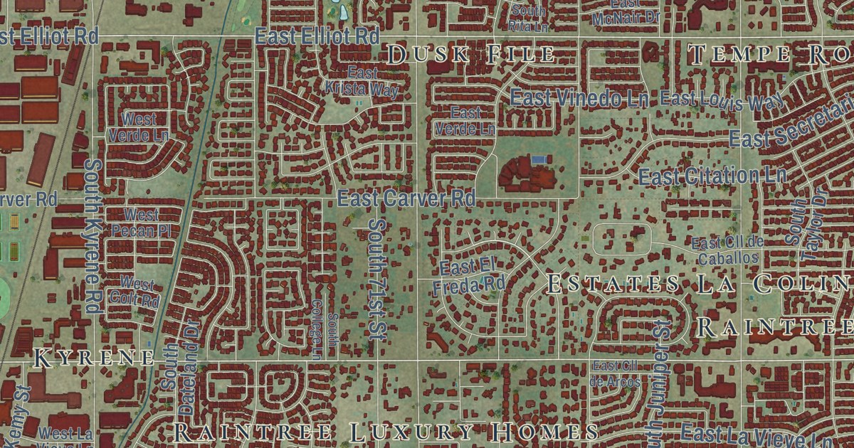Close-up of streets and buildings in Tempe, Arizona