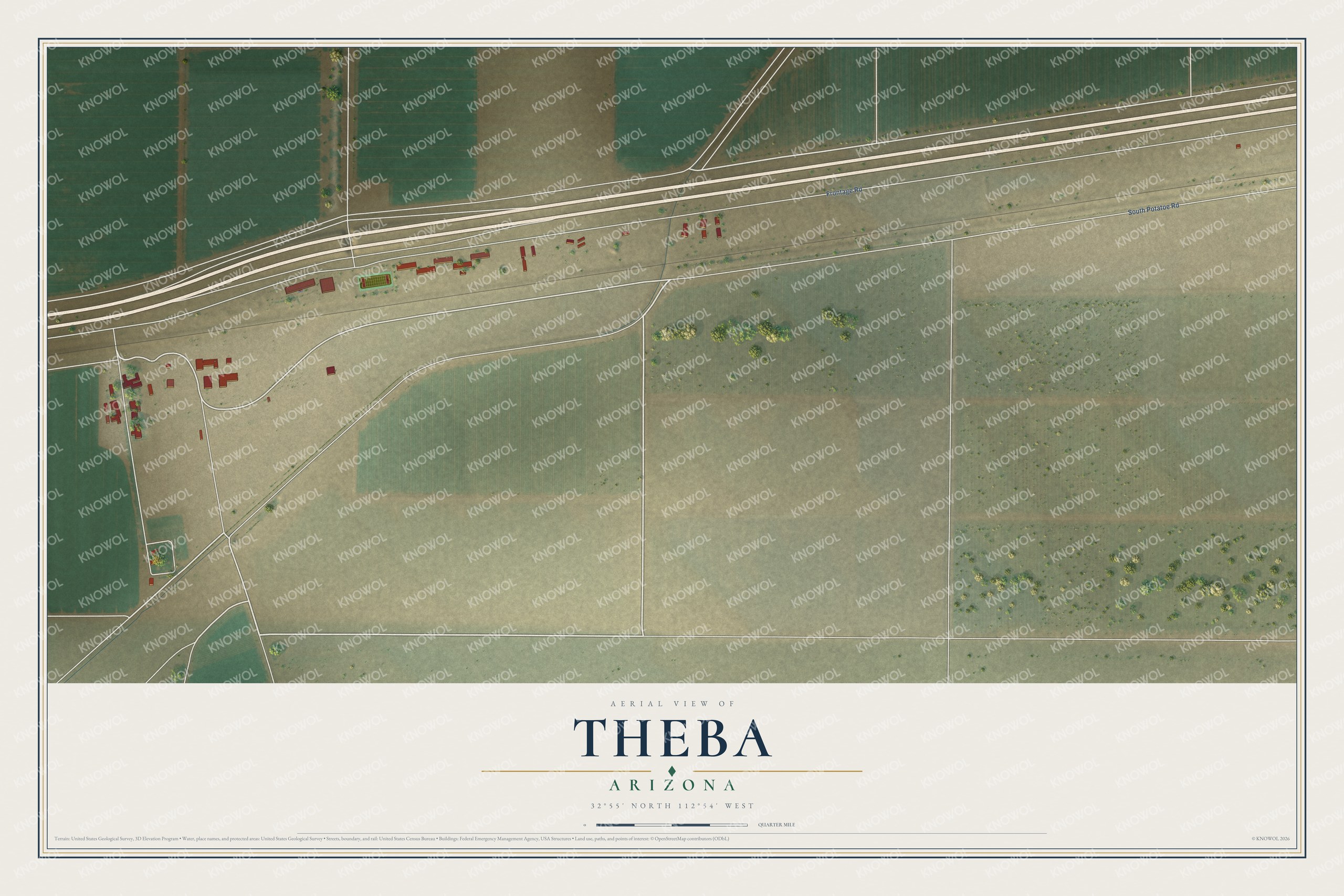 Full map of Theba, Arizona, with red buildings, printed street names and the land around them