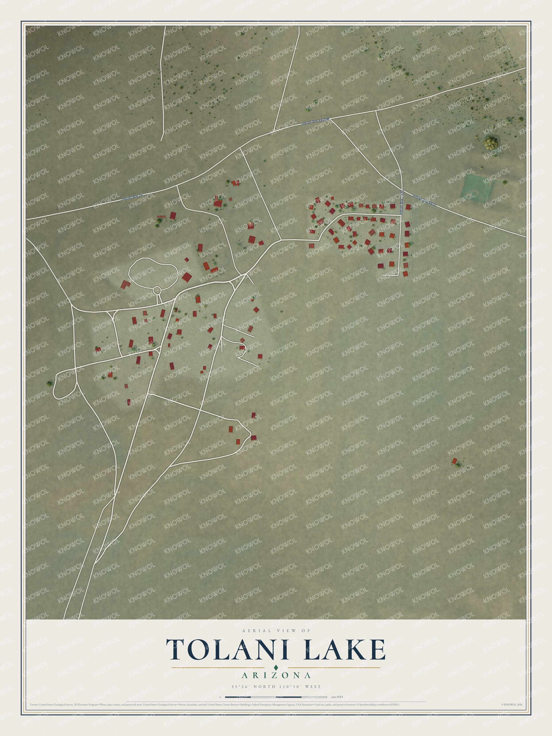 Full map of Tolani Lake, Arizona, with red buildings, printed street names and the land around them