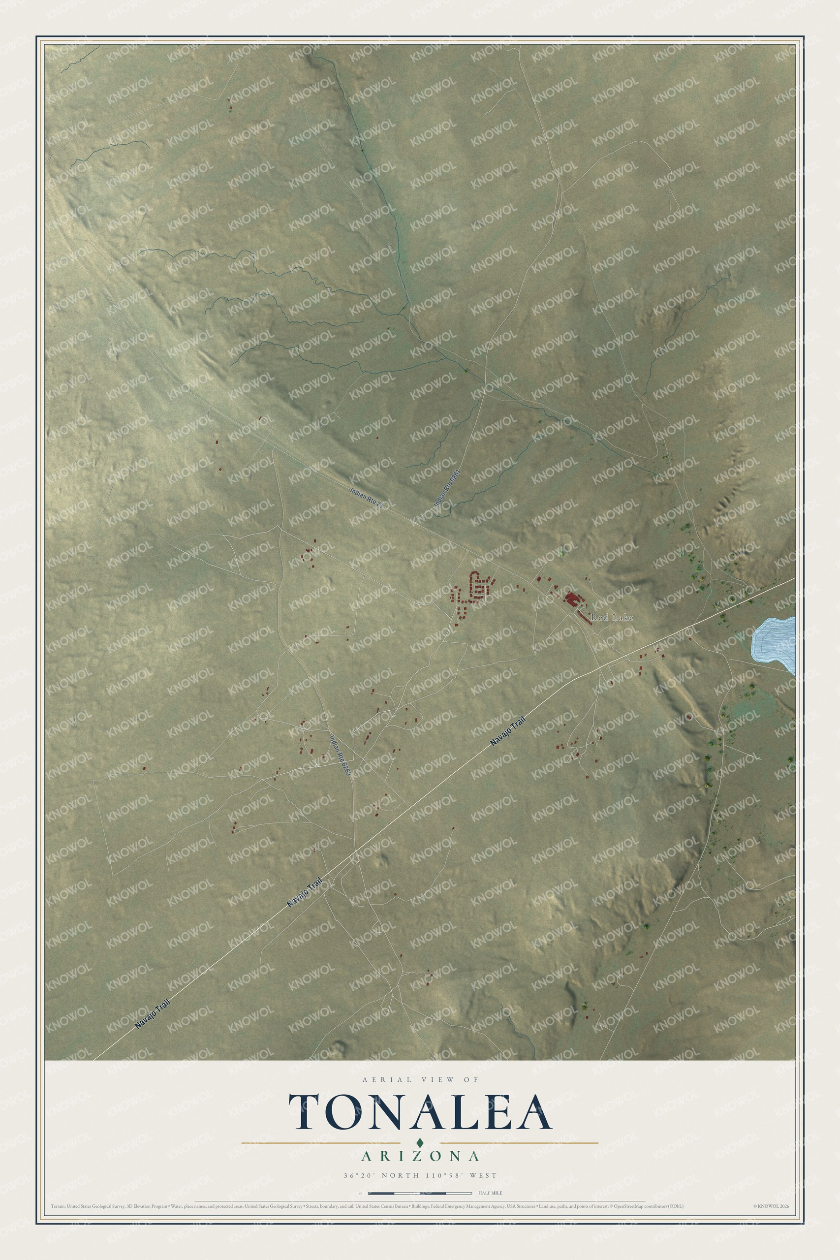 Full map of Tonalea, Arizona, with red buildings, printed street names and the land around them