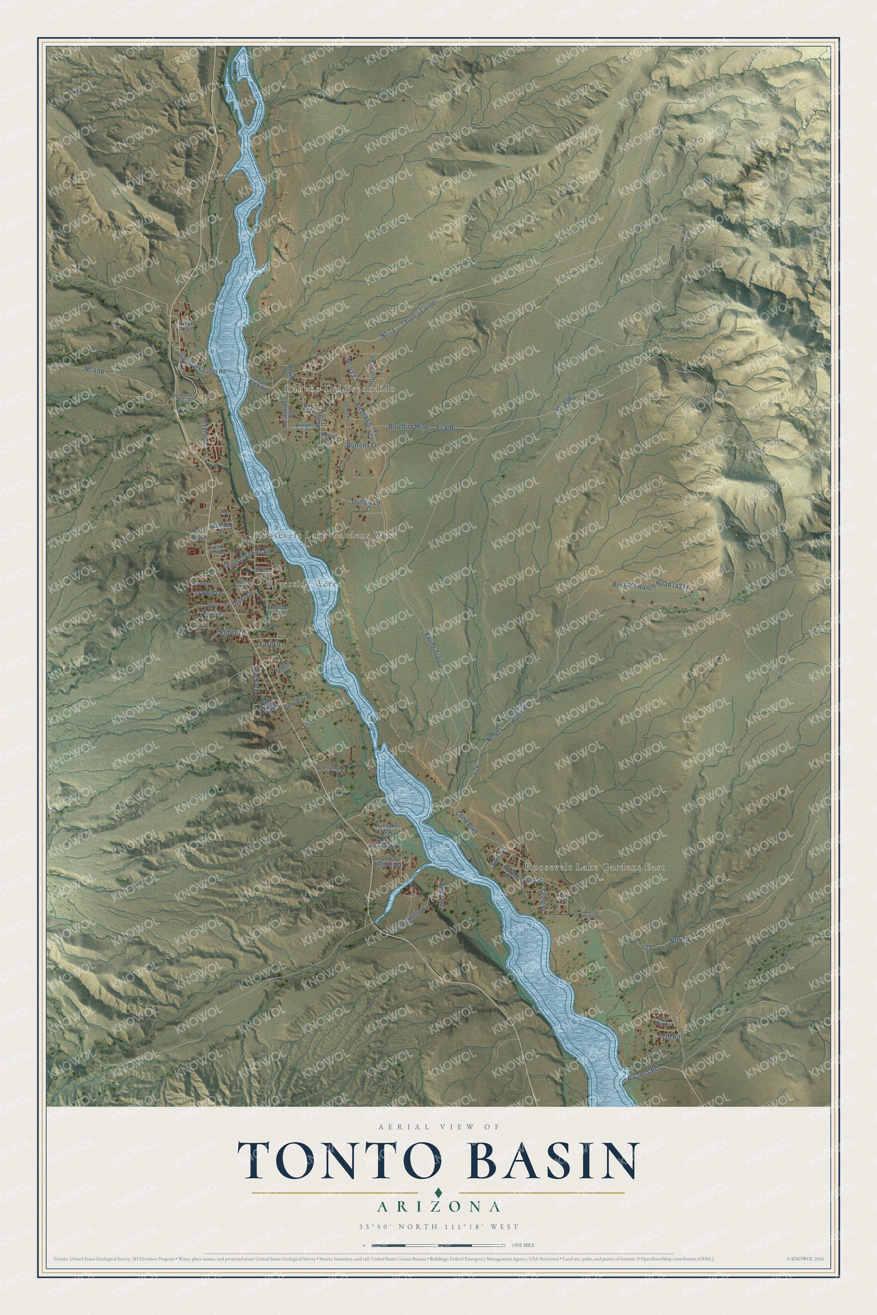 Full map of Tonto Basin, Arizona, with red buildings, printed street names and the land around them
