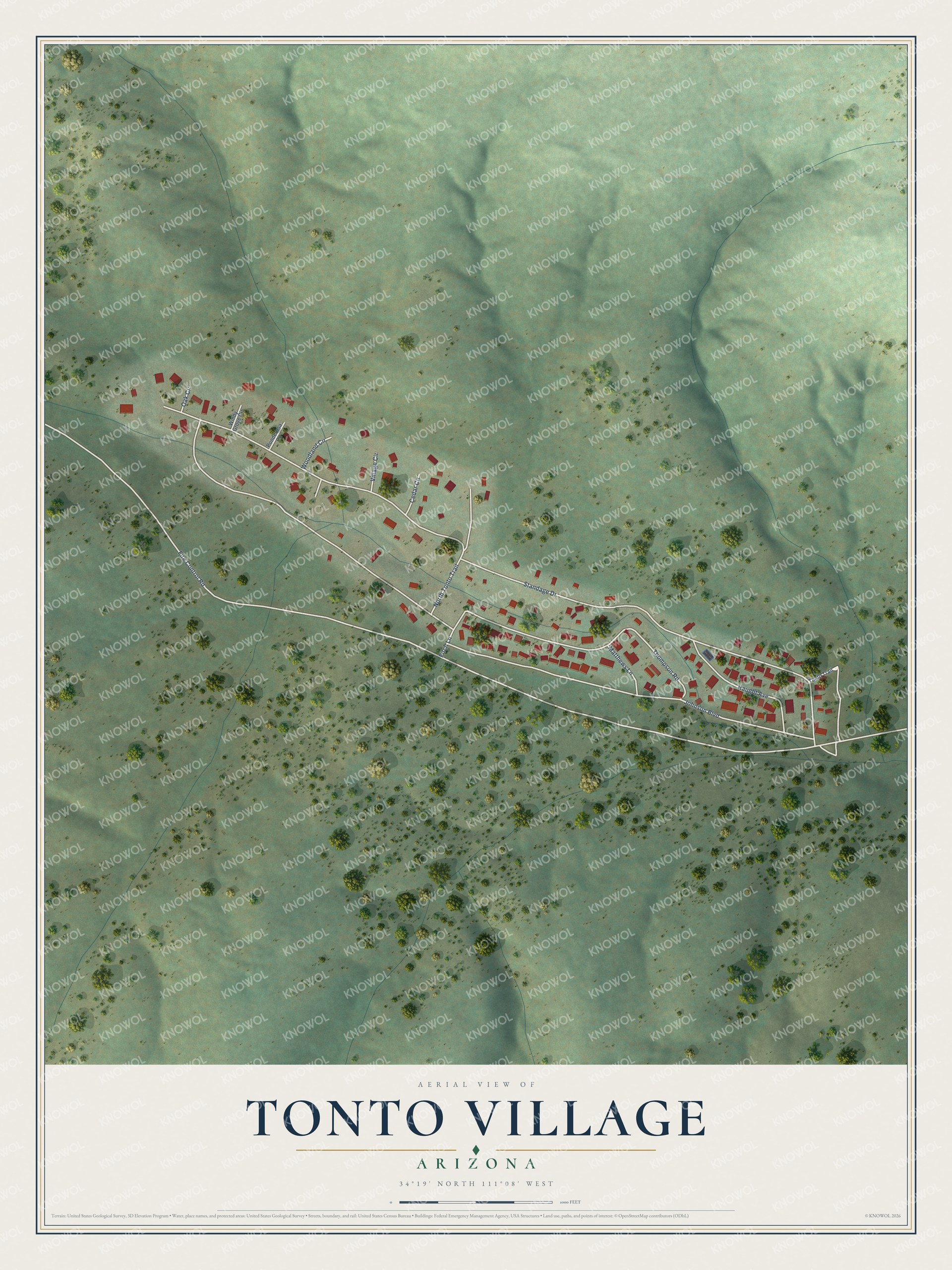Full map of Tonto Village, Arizona, with red buildings, printed street names and the land around them
