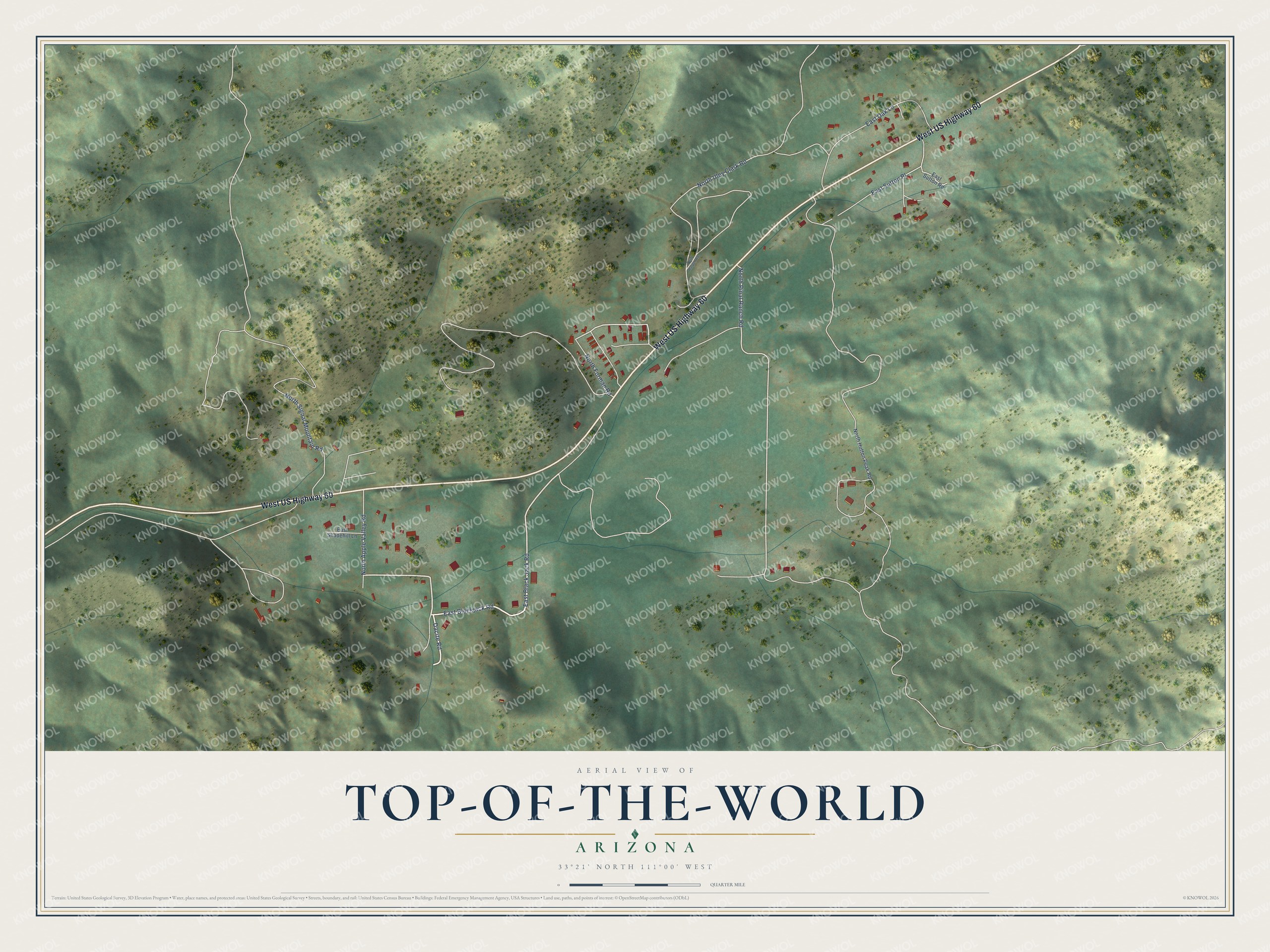 Full map of Top-of-the-World, Arizona, with red buildings, printed street names and the land around them