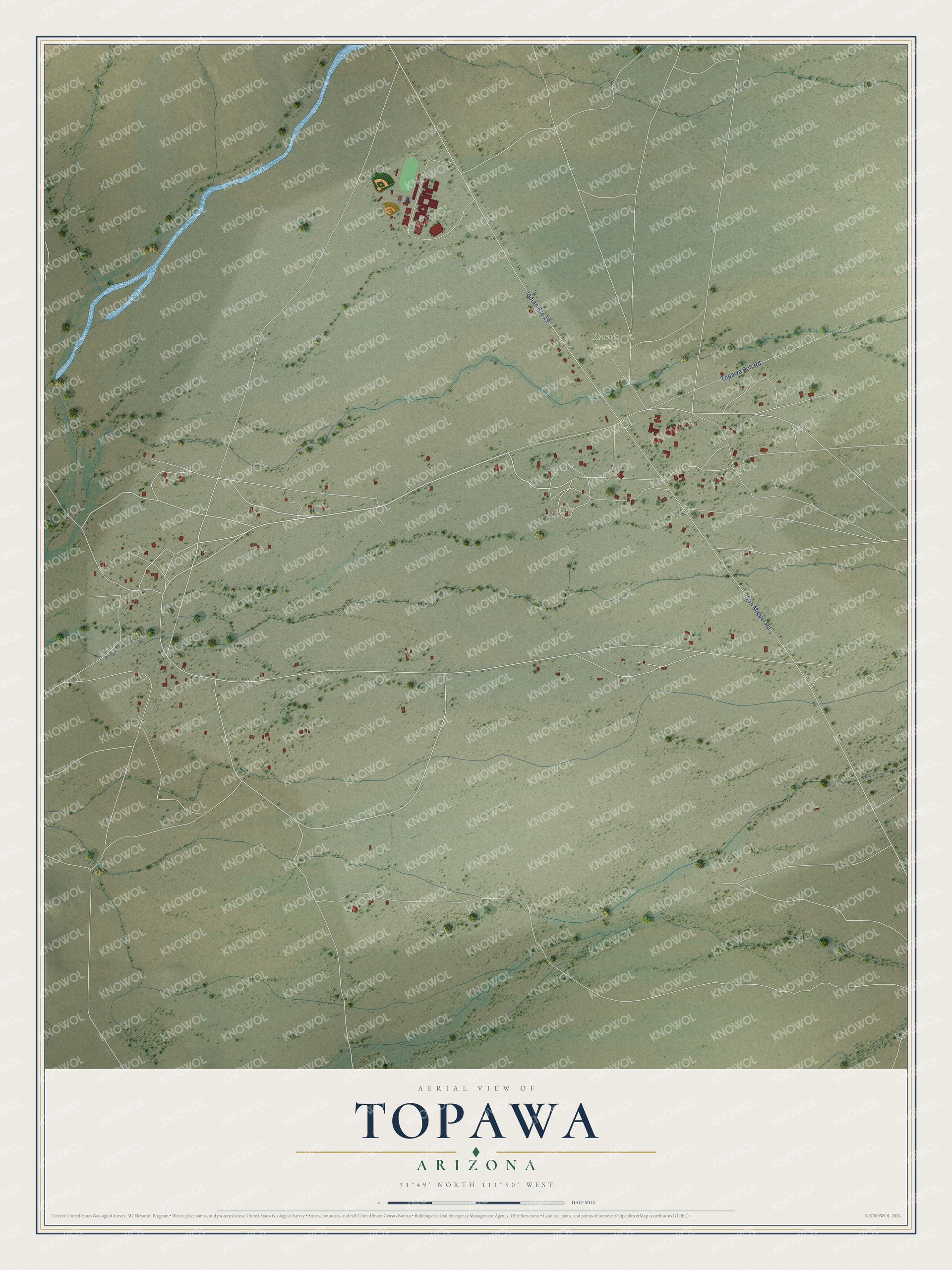 Full map of Topawa, Arizona, with red buildings, printed street names and the land around them