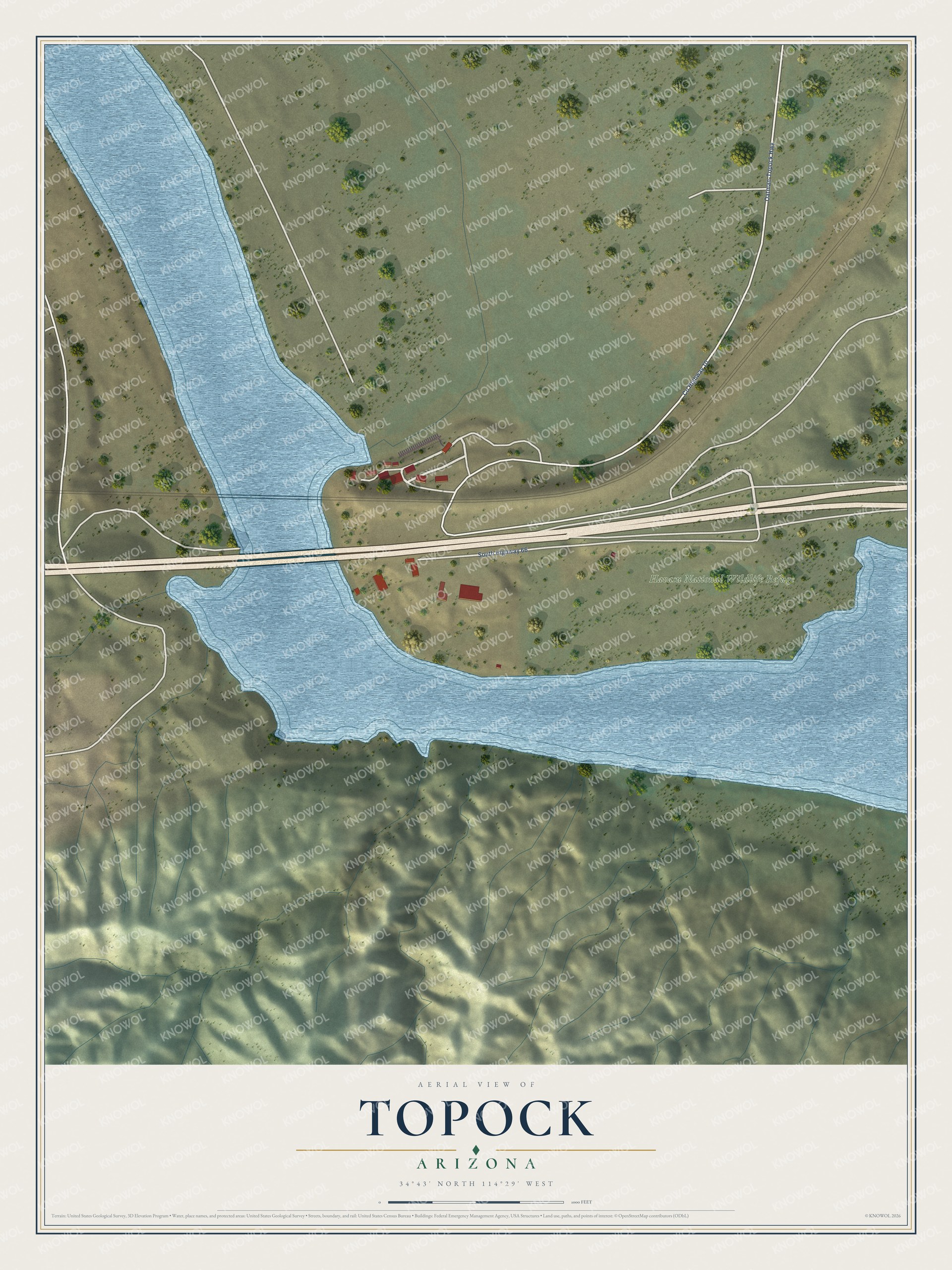 Full map of Topock, Arizona, with red buildings, printed street names and the land around them