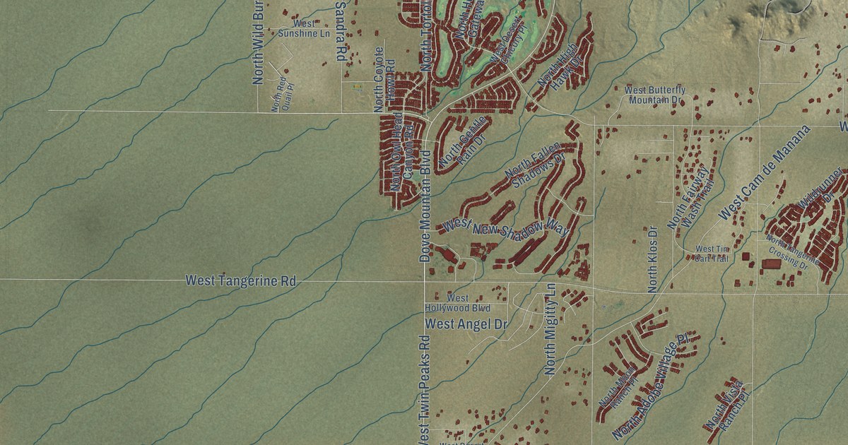 Close-up of streets and buildings in Tortolita, Arizona