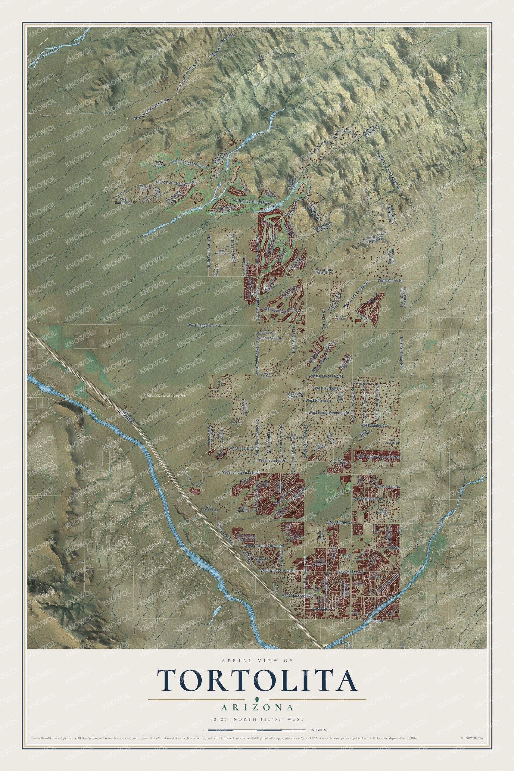 Full map of Tortolita, Arizona, with red buildings, printed street names and the land around them