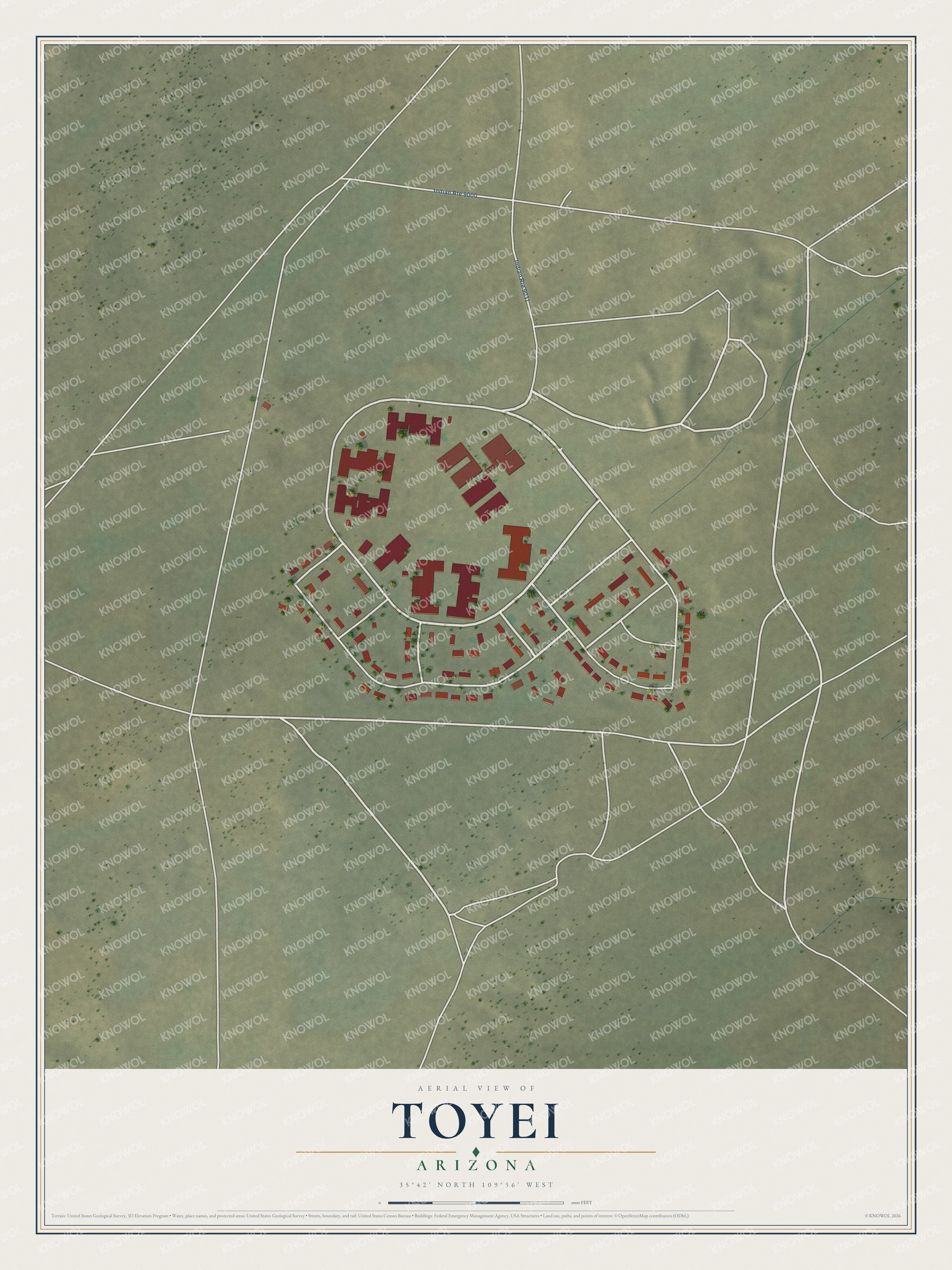 Full map of Toyei, Arizona, with red buildings, printed street names and the land around them