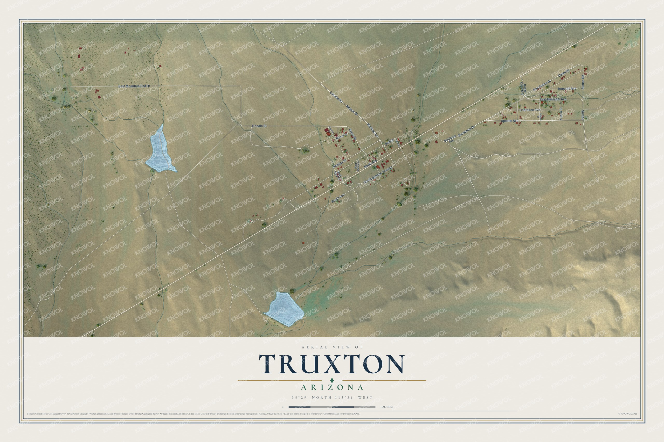 Full map of Truxton, Arizona, with red buildings, printed street names and the land around them