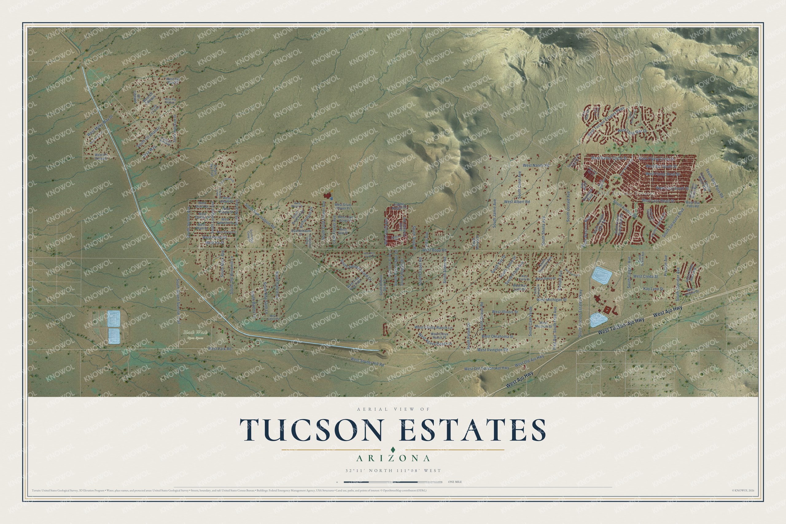 Full map of Tucson Estates, Arizona, with red buildings, printed street names and the land around them