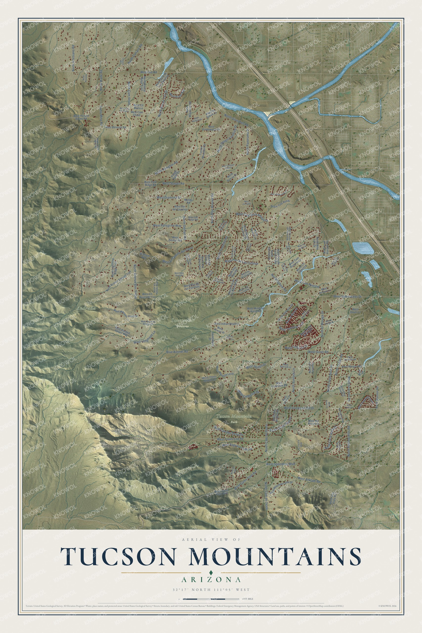 Full map of Tucson Mountains, Arizona, with red buildings, printed street names and the land around them