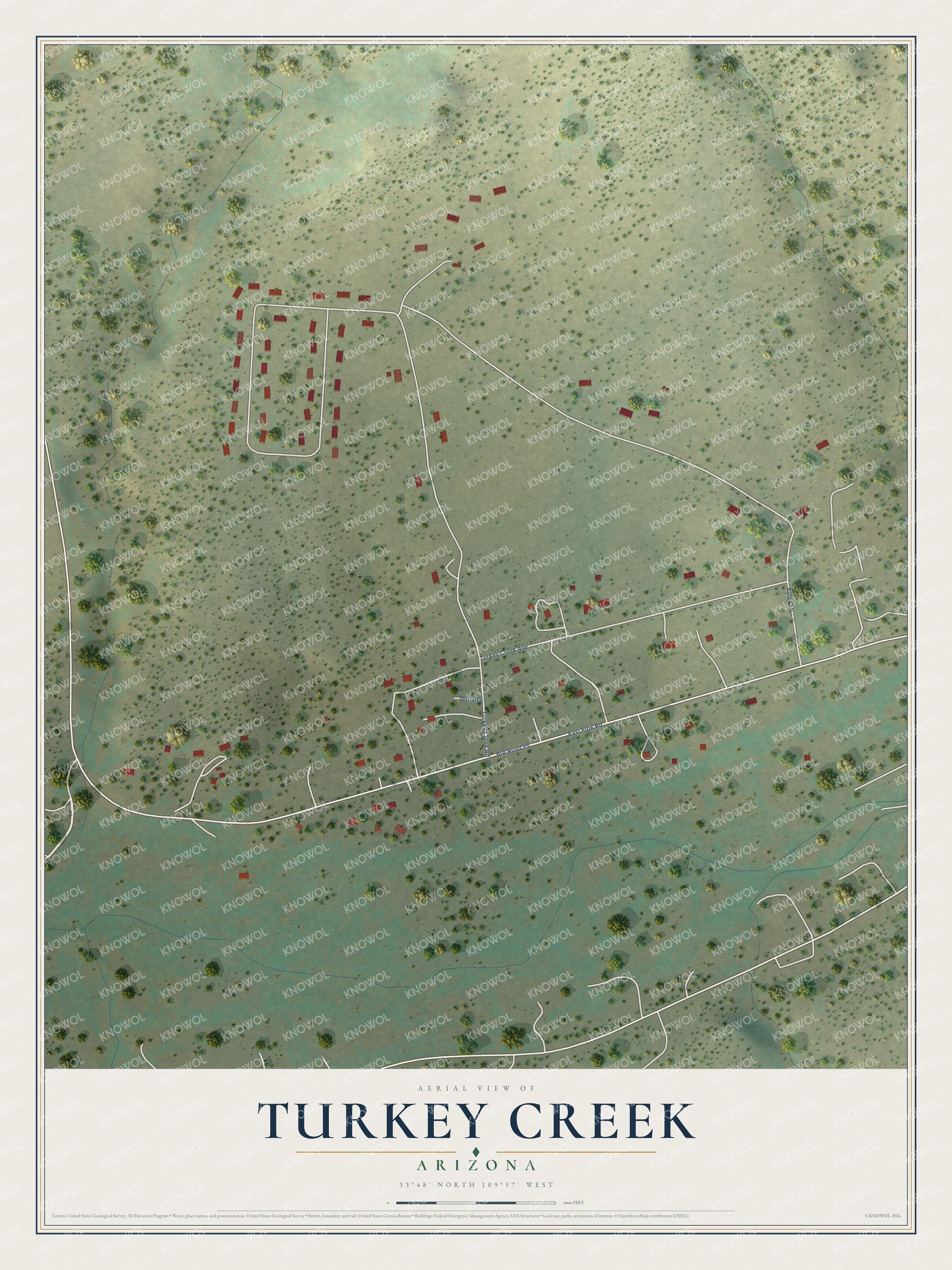 Full map of Turkey Creek, Arizona, with red buildings, printed street names and the land around them